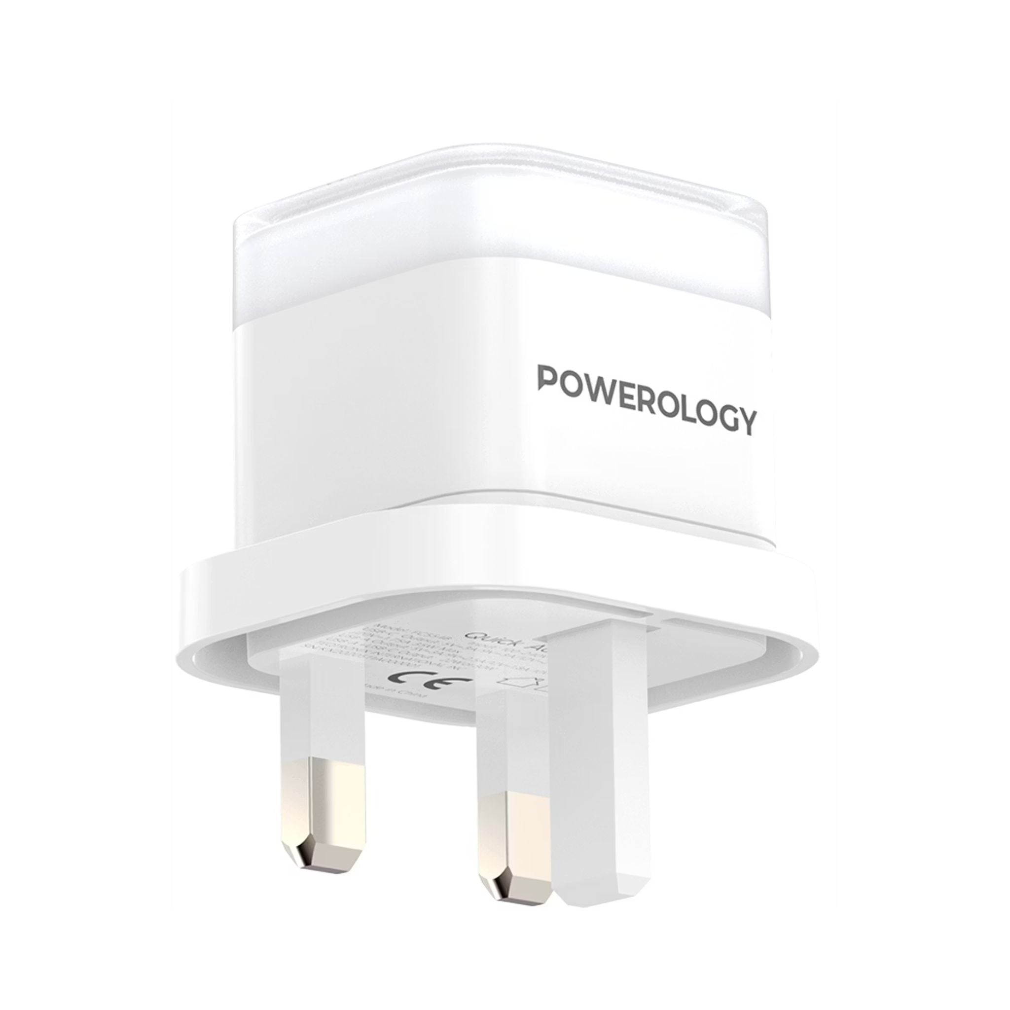 Powerology Lunex Dual-Port Fast Charging Adapter with USB-C & USB-A Ports, 35W Power Delivery, 22.5W USB-A Output, UK 3-Pin Plug, Universal Protocol Support, Multi-Device Charging - White