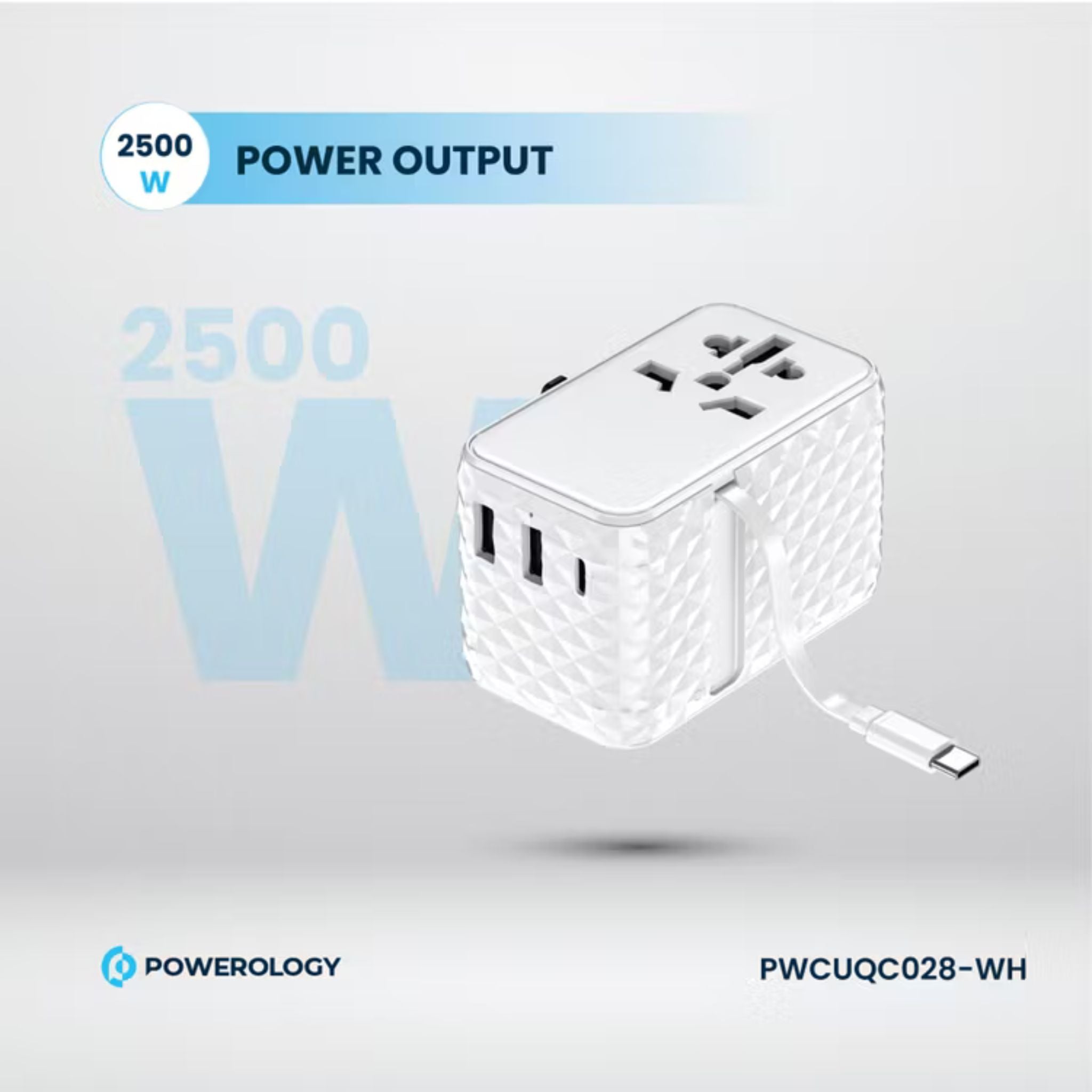 Powerology GaN 20W PD Universal Adapter with Retractable Type-C Cable, Simultaneous Charging, Includes Spare Fuse, Built-In Safeguard - White