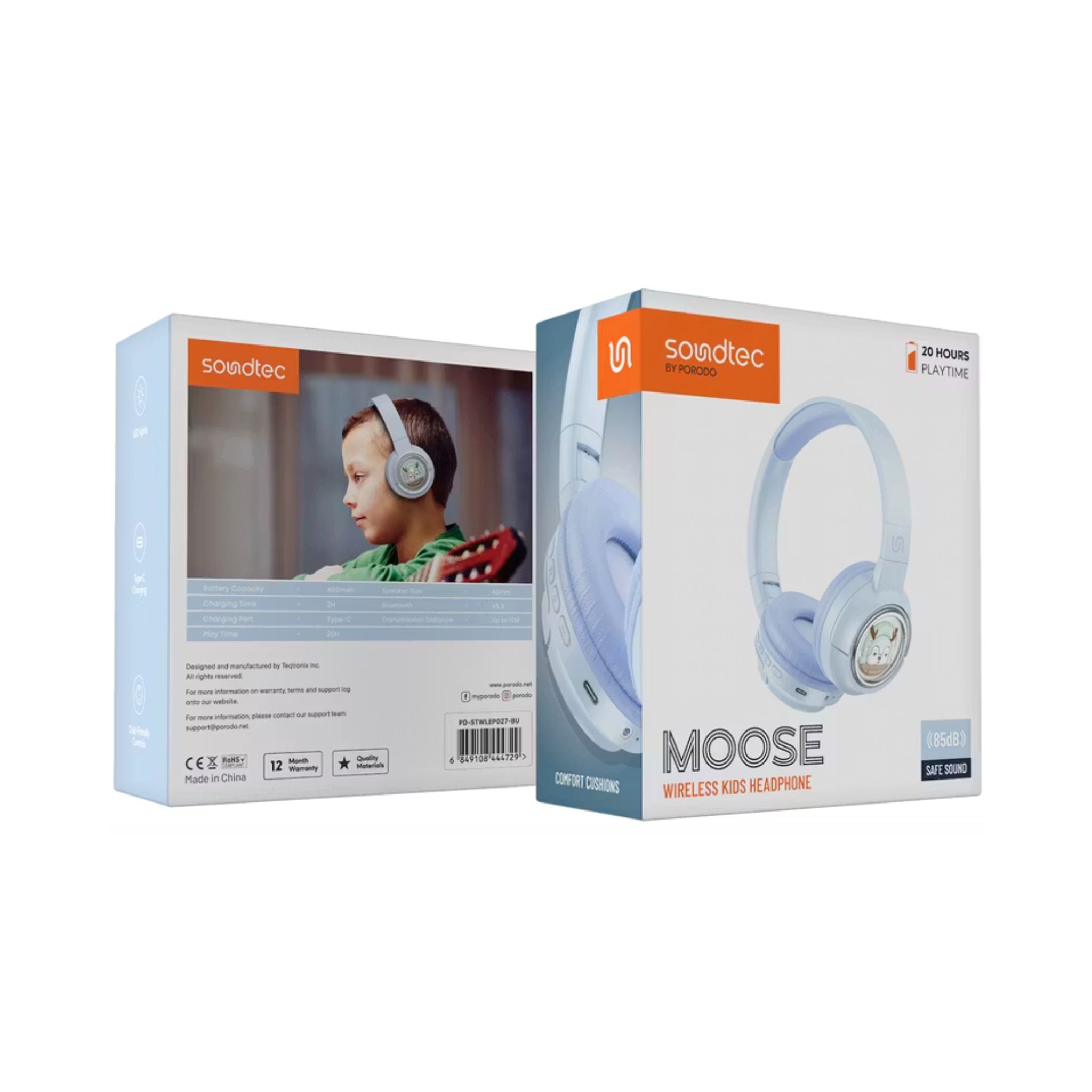 Porodo Soundtec Moose Wireless Kids Headphones with LED Lights, 40mm Speaker, 20 Hours Play Time, Bluetooth 5.3, 400mAh Battery, USB-C Charging Port, Comfort Cushions