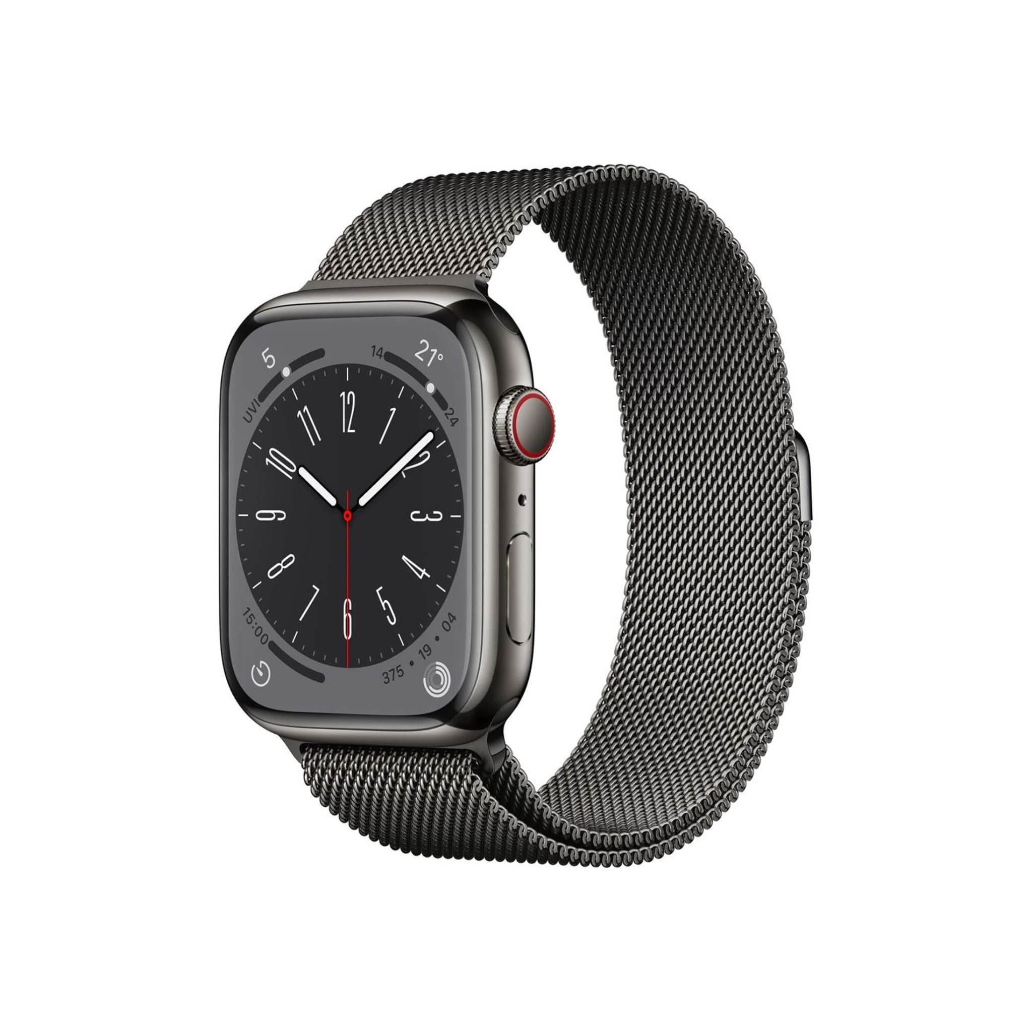 Smartwatch with a black mesh band on a white background