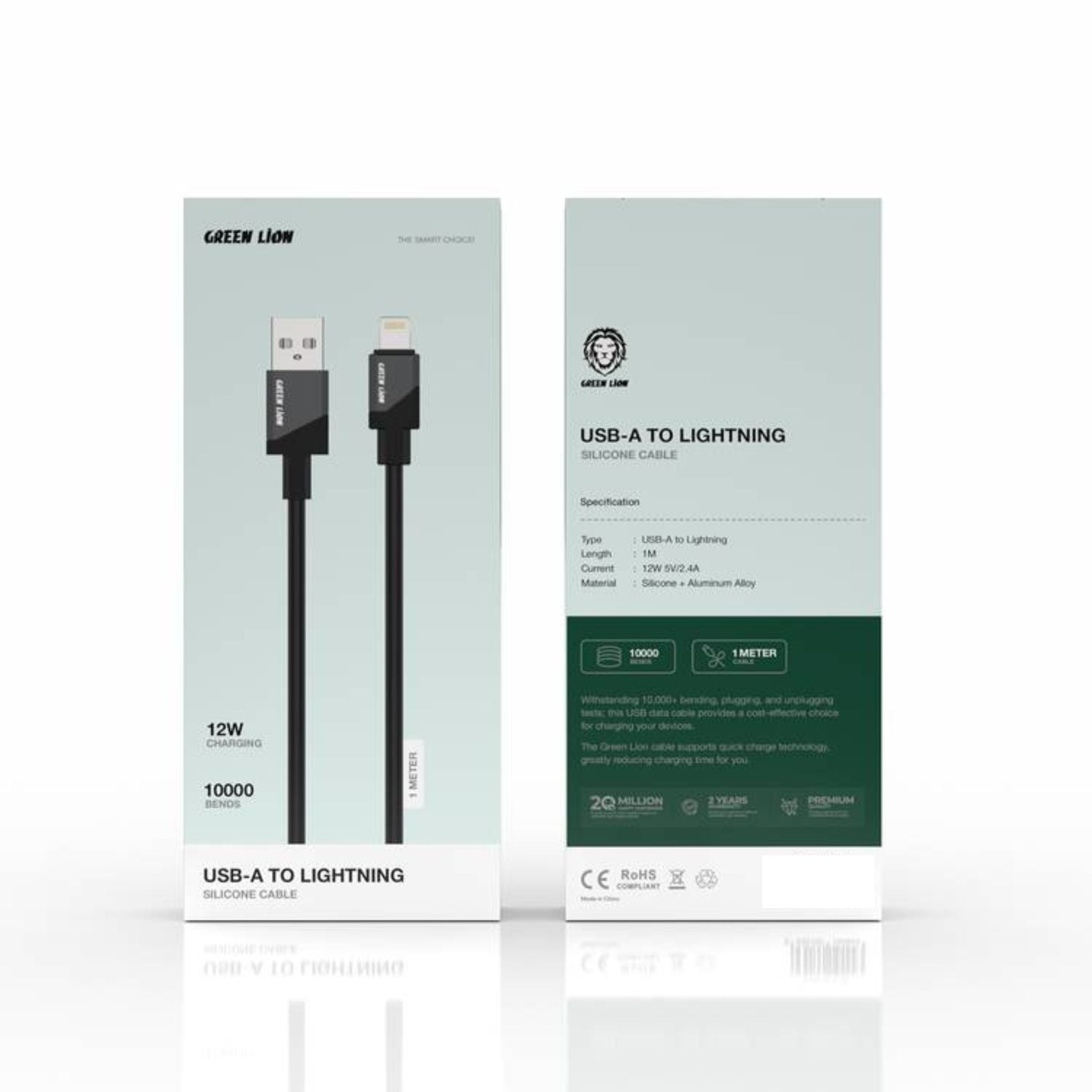 Green Lion USB-A to Lightning Silicone Cable with 480Mbps Transfer Speed, 12W Charging, Up to 10,000 Bends Lifespan, Wide Compatibility - Black