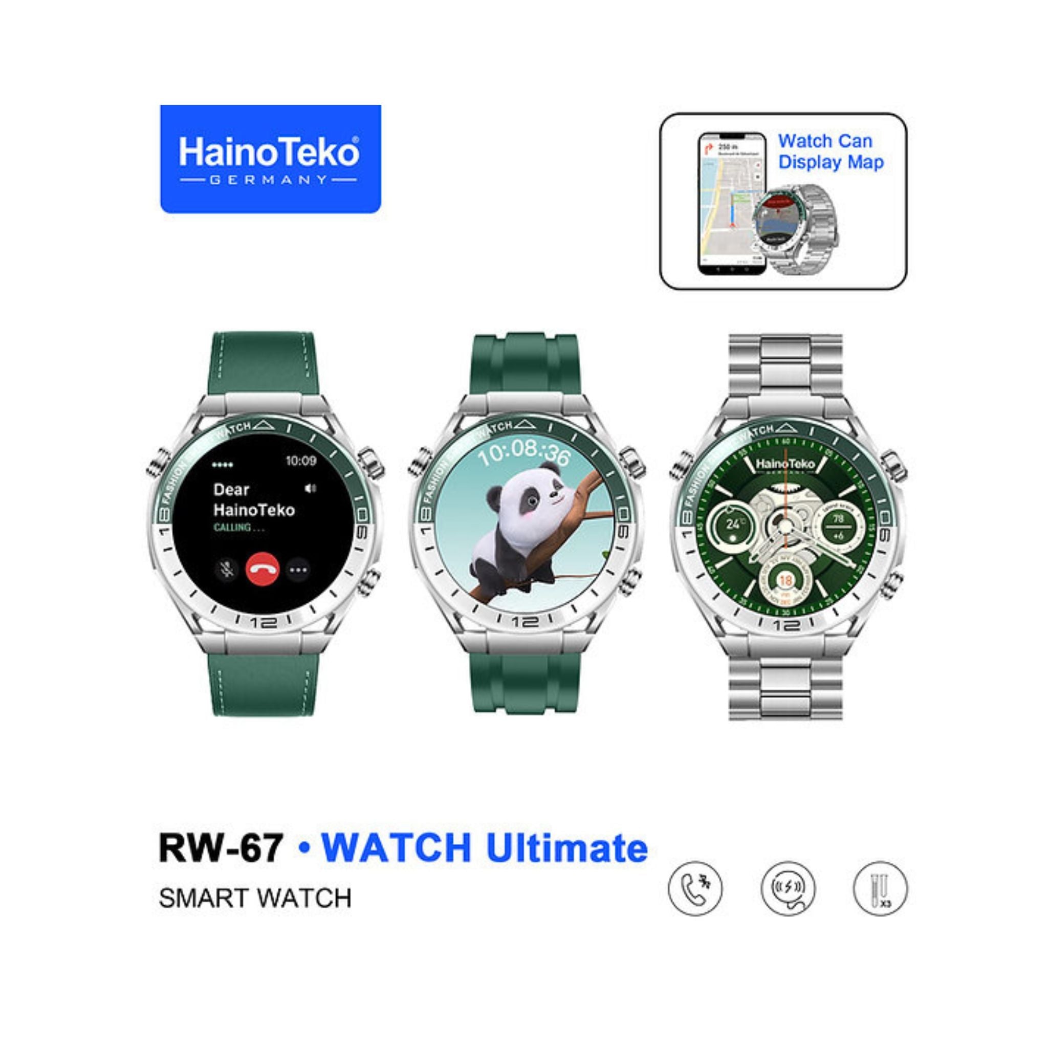 Haino Teko Germany RW67 Watch Ultimate – HD IPS AMOLED Display, Bluetooth Calling, 3-Strap Set (1 Stainless Steel + 2 Silicone) – Green