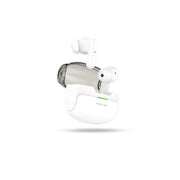 A single white wireless earbud with a charging case, featuring the Green Lion brand logo.