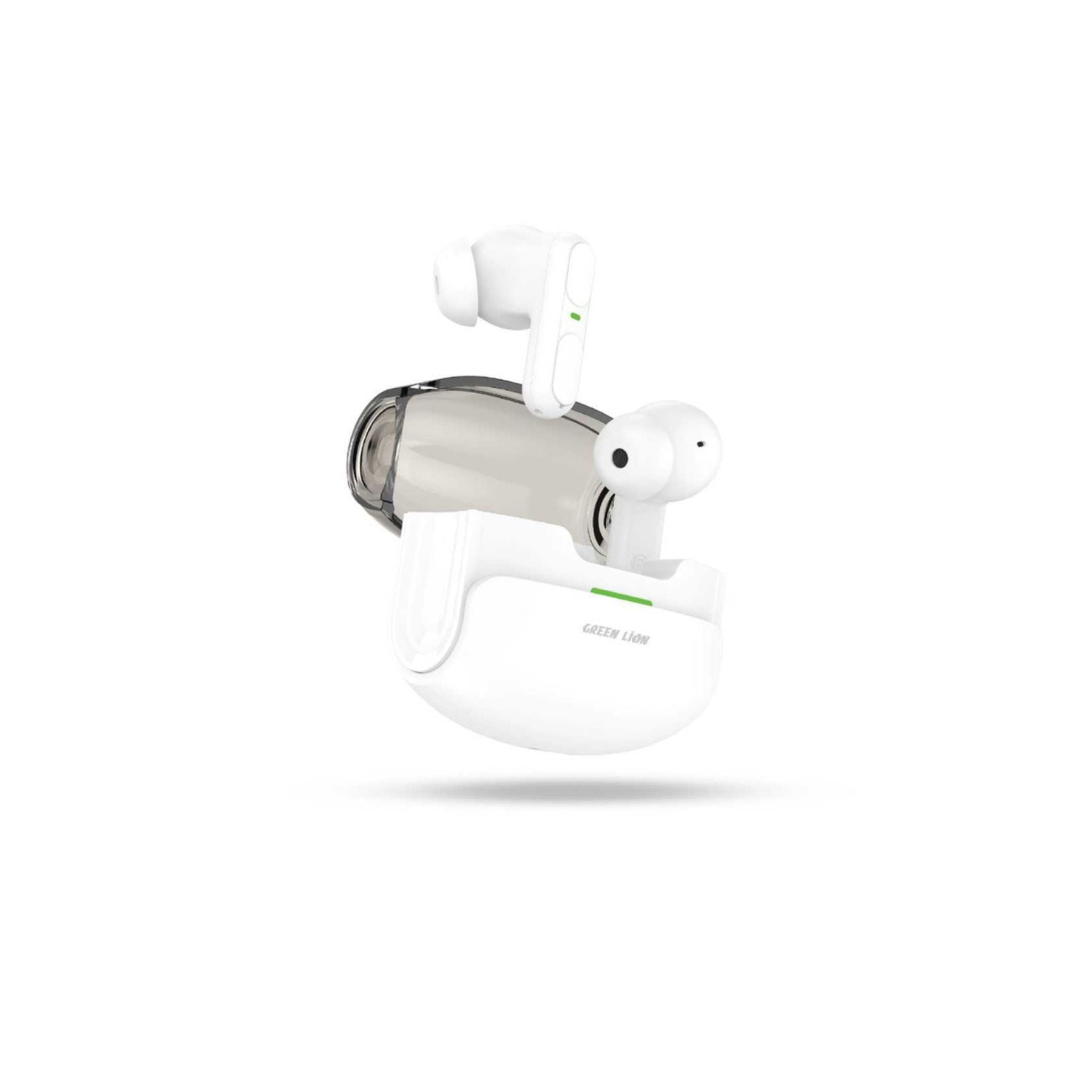 A single white wireless earbud with a charging case, featuring the Green Lion brand logo.