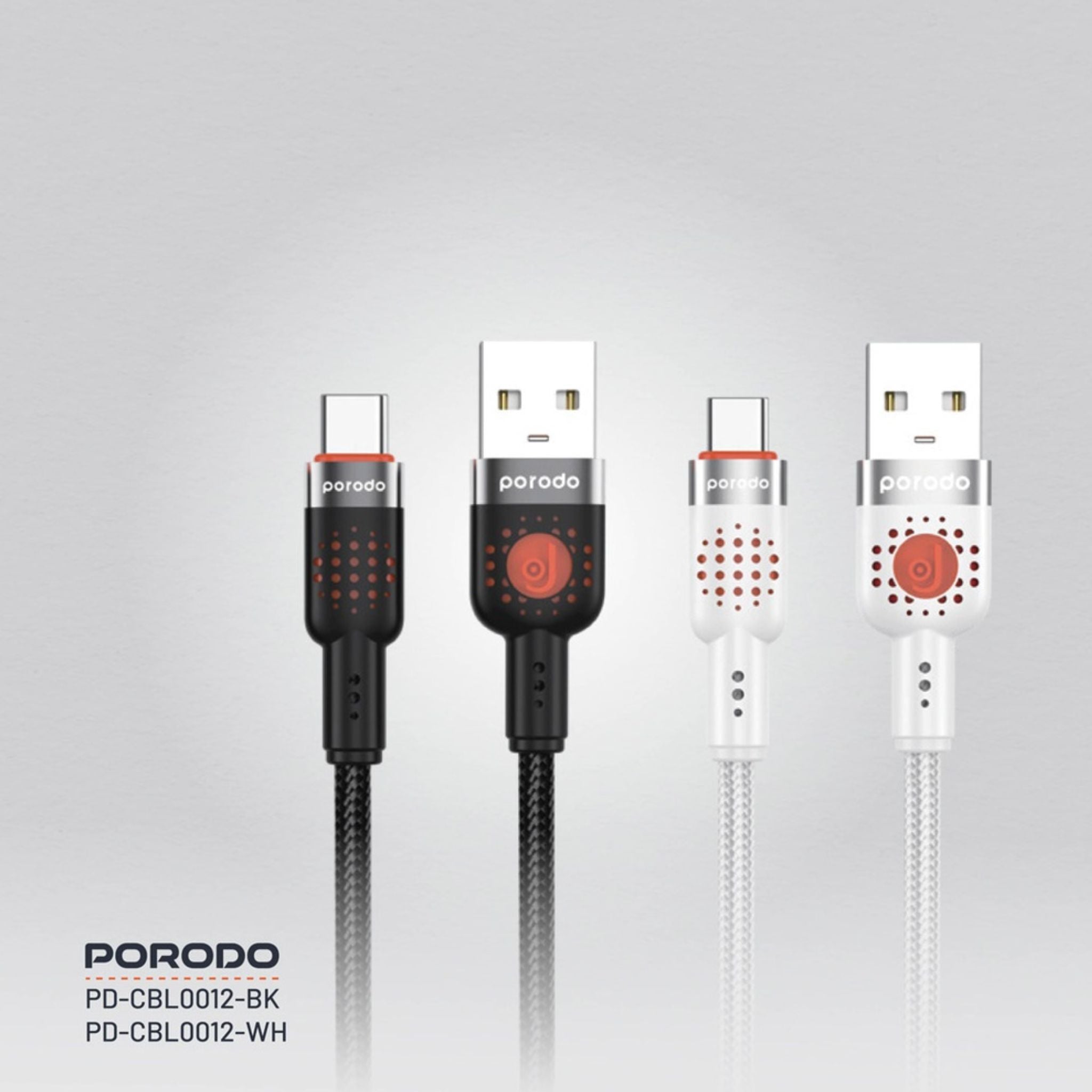Porodo Braided USB-A to Type-C Cable with 480Mbps Transfer Speed, 1.2m Cable Length, More than 15,000 Bends Lifespan, Tangle-Free Design - Black