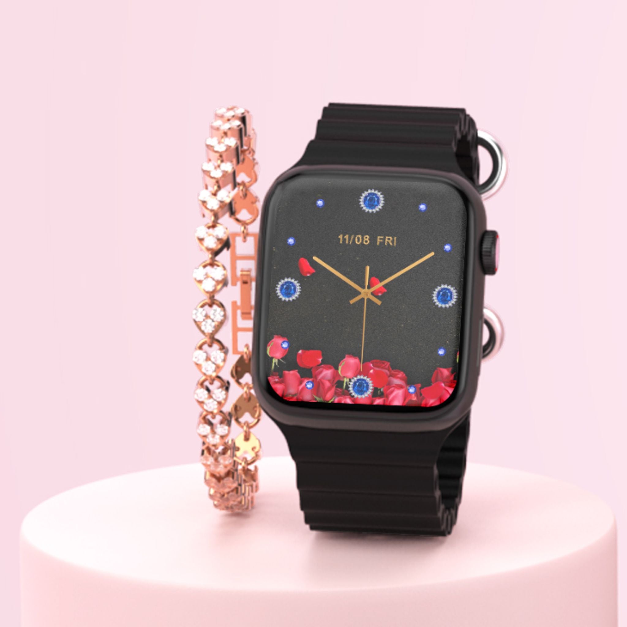 Telzeal Ultra Mini 42 mm Smart Watch and Fashion Bracelet With 3 Pair Straps Wireless Charger For Ladies and Girls - Black