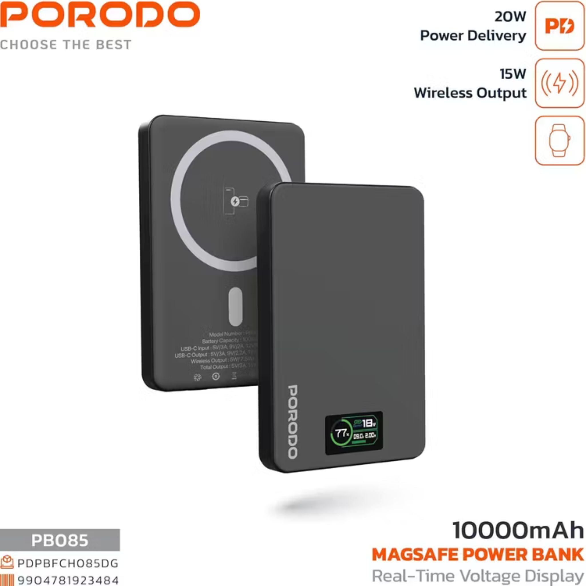 Porodo 10000mAh Power Bank with Real-Time TFT Smart Display, Type-C Input & Output, 20W PD Fast Charging, 15W Wireless Charging, Compatible with MagSafe, Smart Temperature Control - Dark Gray