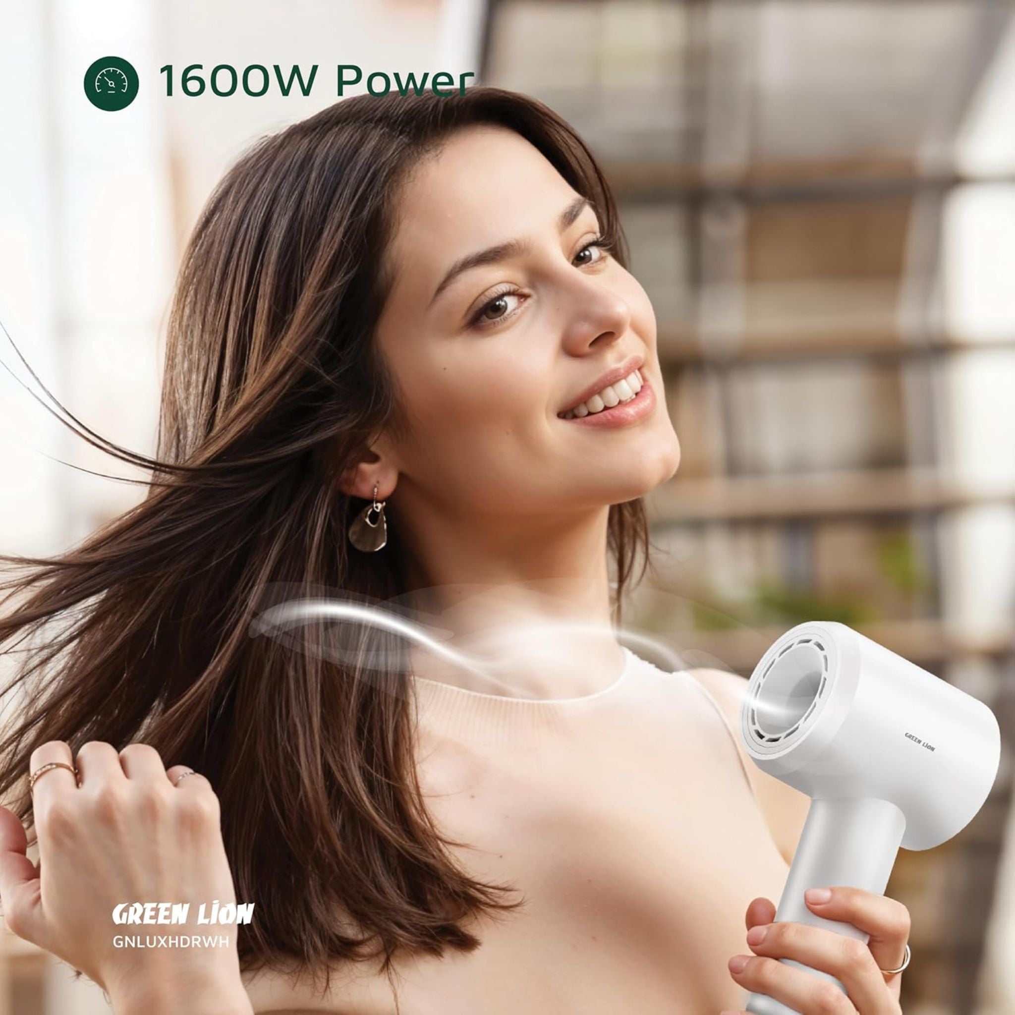 Green Lion LUXAIR Hair Dryer, 1600W BLDC Motor, Digital Display, Hot & Cold Air Alternating Mode, 3 Heat Settings, 2 Wind Speeds, Low Noise 68dB, Durable PC+ABS Body with Copper Heating Element, 1.8m UK Plug – White