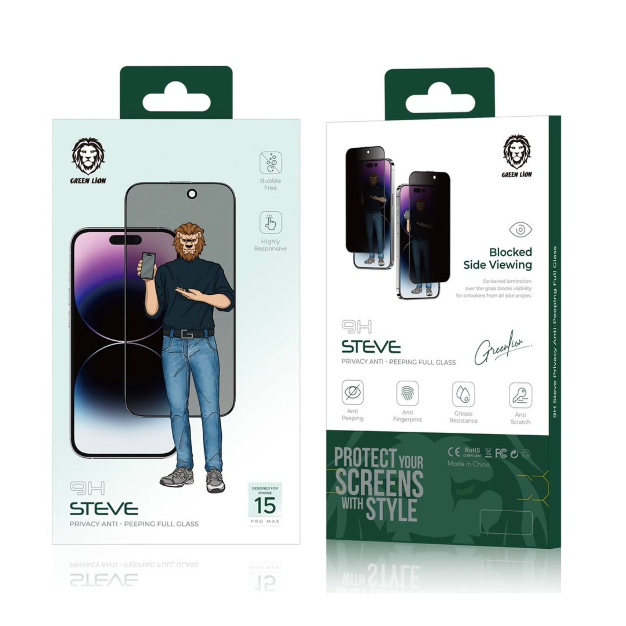 Green Lion 9H Steve Privacy Screen Protector for iPhone 15 Pro Max, Anti-Peeping for Side View Blocking, Anti-Fingerprint & Anti-Scratch, Grease Resistance, Bubble-Free Installation - Black
