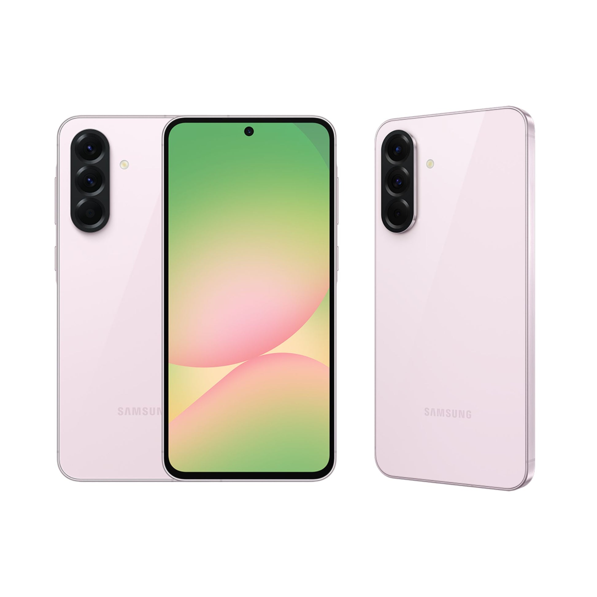 Samsung smartphone showing front and back on a white background