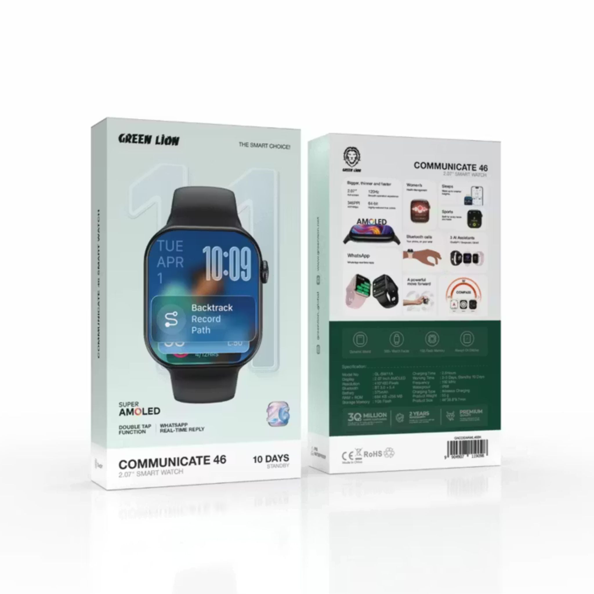 Green Lion Communicate 46mm Smartwatch – 2.07” Super AMOLED display, 375mAh battery, IP68 waterproof, wireless charging, 1GB flash, Bluetooth 3.0+5.4, 2–3 days use, 10-day standby, 500+ watch faces, Dynamic Island & Always-On Display – Black