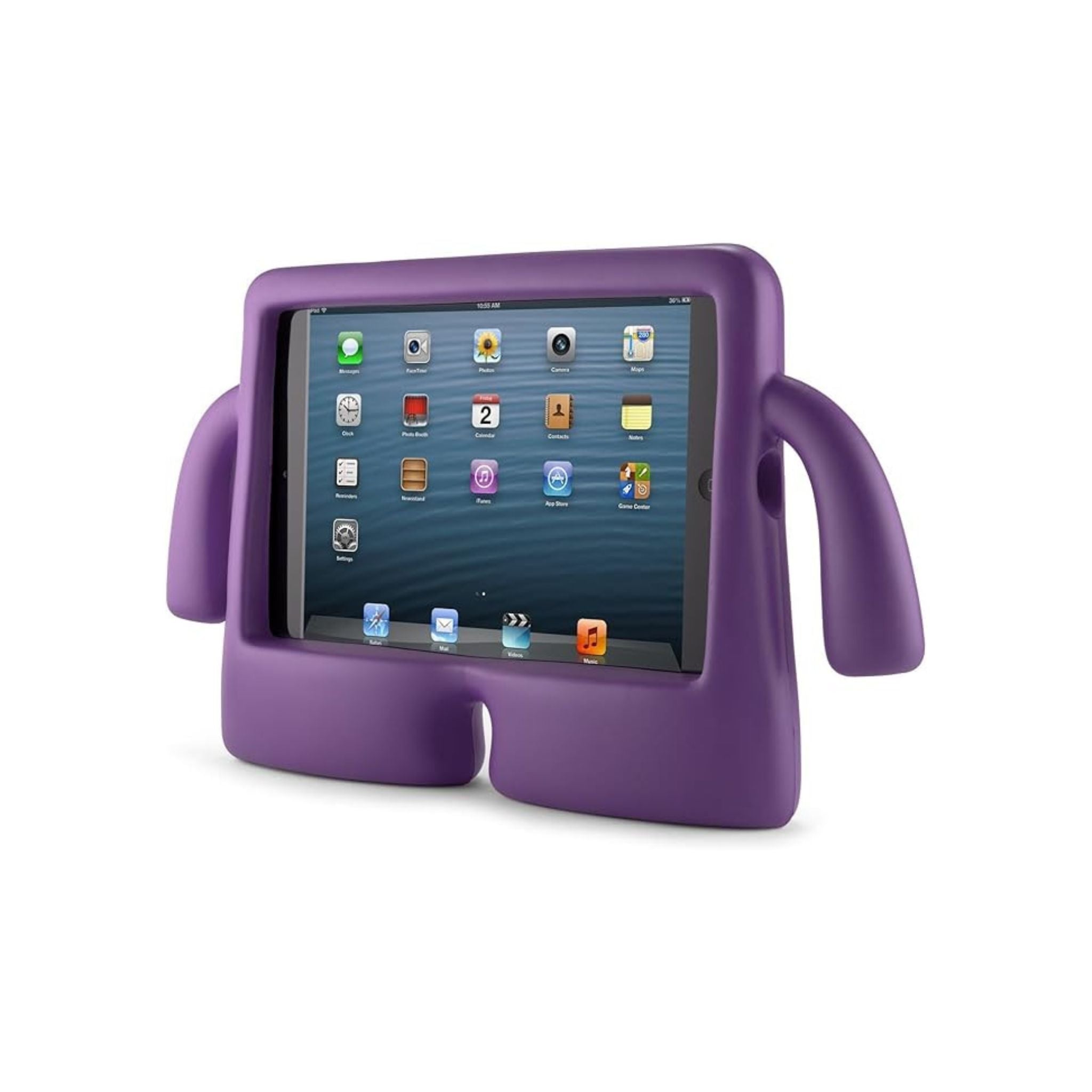 Purple tablet stand with a tablet on a white background