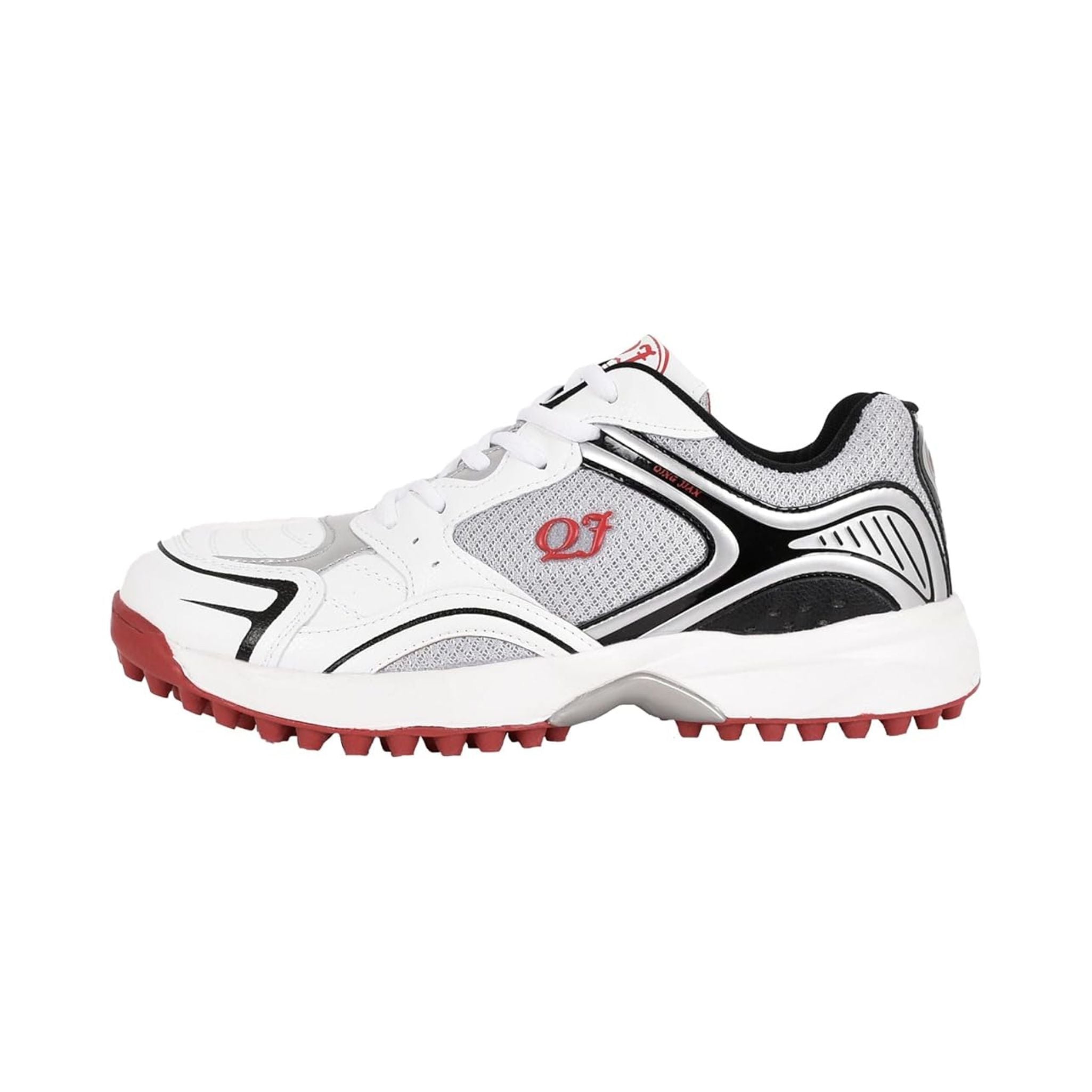 Men’s White and Red Studded Cricket Sports Shoes – Breathable Mesh, Lace-Up Comfort, and All-Day Performance