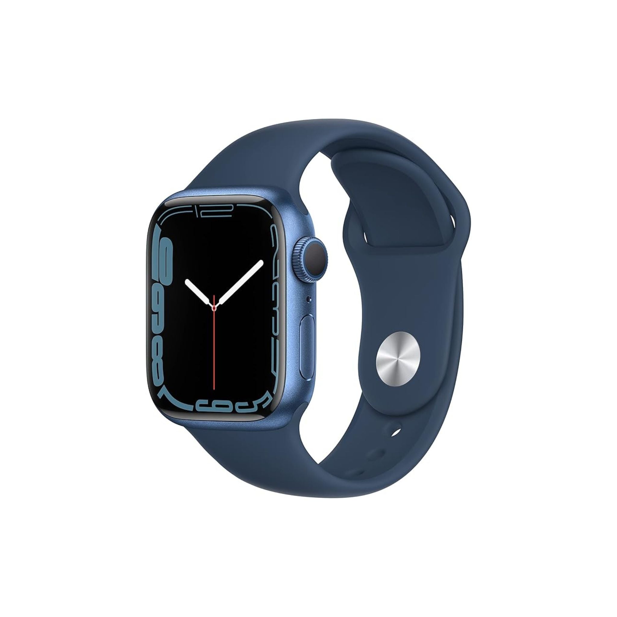 Blue smartwatch with a black screen on a white background