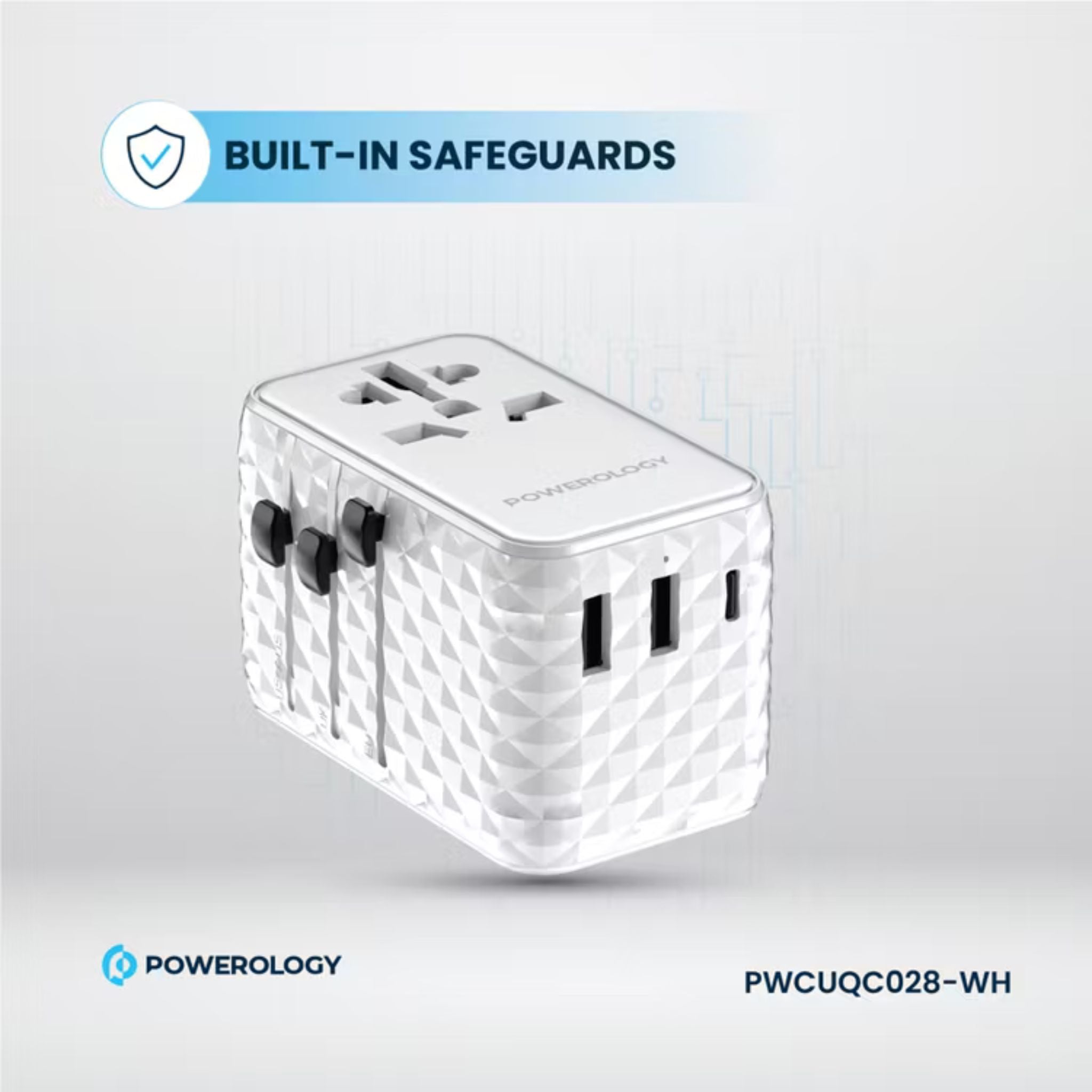 Powerology GaN 20W PD Universal Adapter with Retractable Type-C Cable, Simultaneous Charging, Includes Spare Fuse, Built-In Safeguard - White