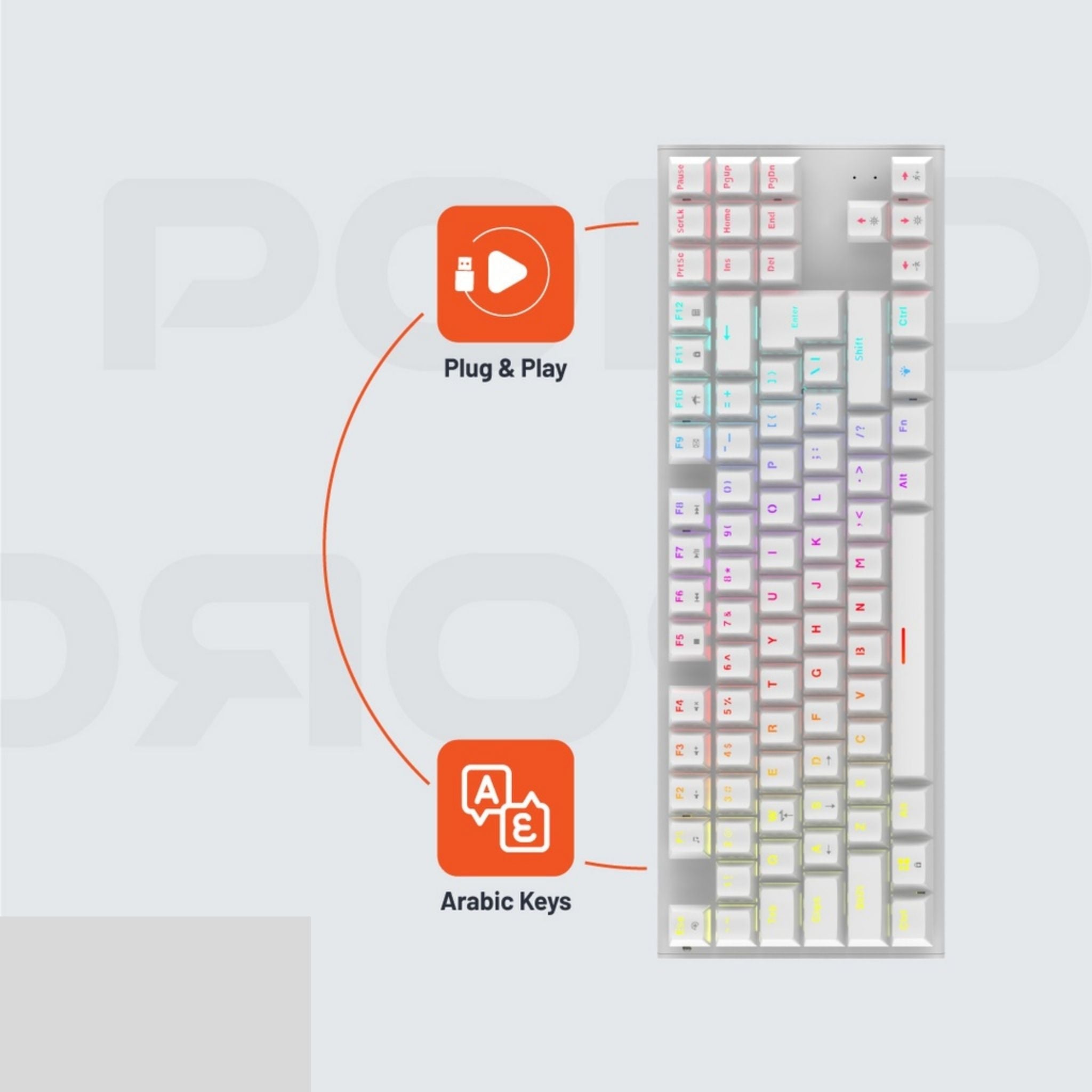 Porodo Gaming TKL Mechanical Keyboard with 12 RGB Light Modes, 25 Anti-Ghosting Keys, 50 Million Clicks Lifespan, 1.5m PVC Cable, Plug & Play, English & Arabic Keys - White