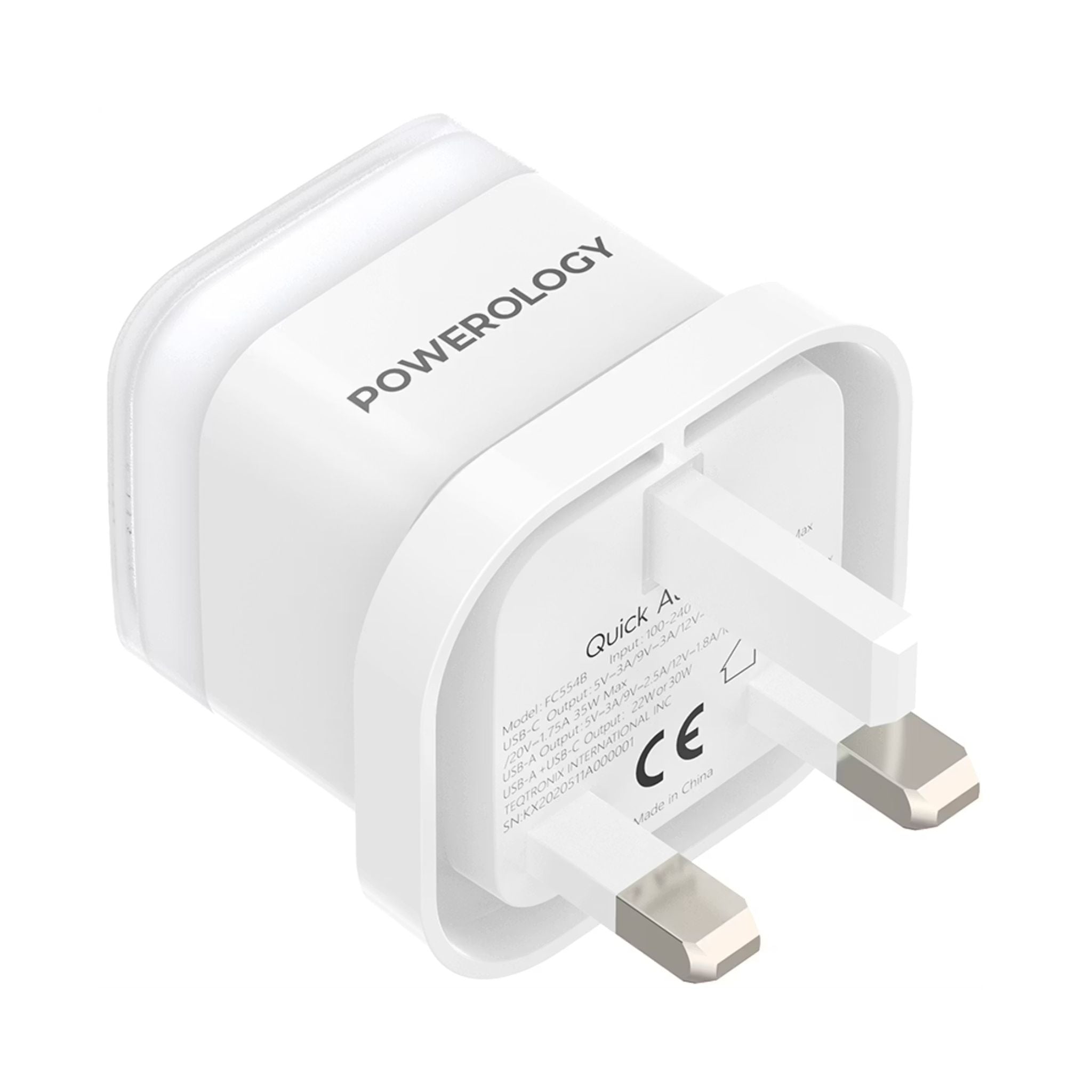 Powerology Lunex Dual-Port Fast Charging Adapter with USB-C & USB-A Ports, 35W Power Delivery, 22.5W USB-A Output, UK 3-Pin Plug, Universal Protocol Support, Multi-Device Charging - White