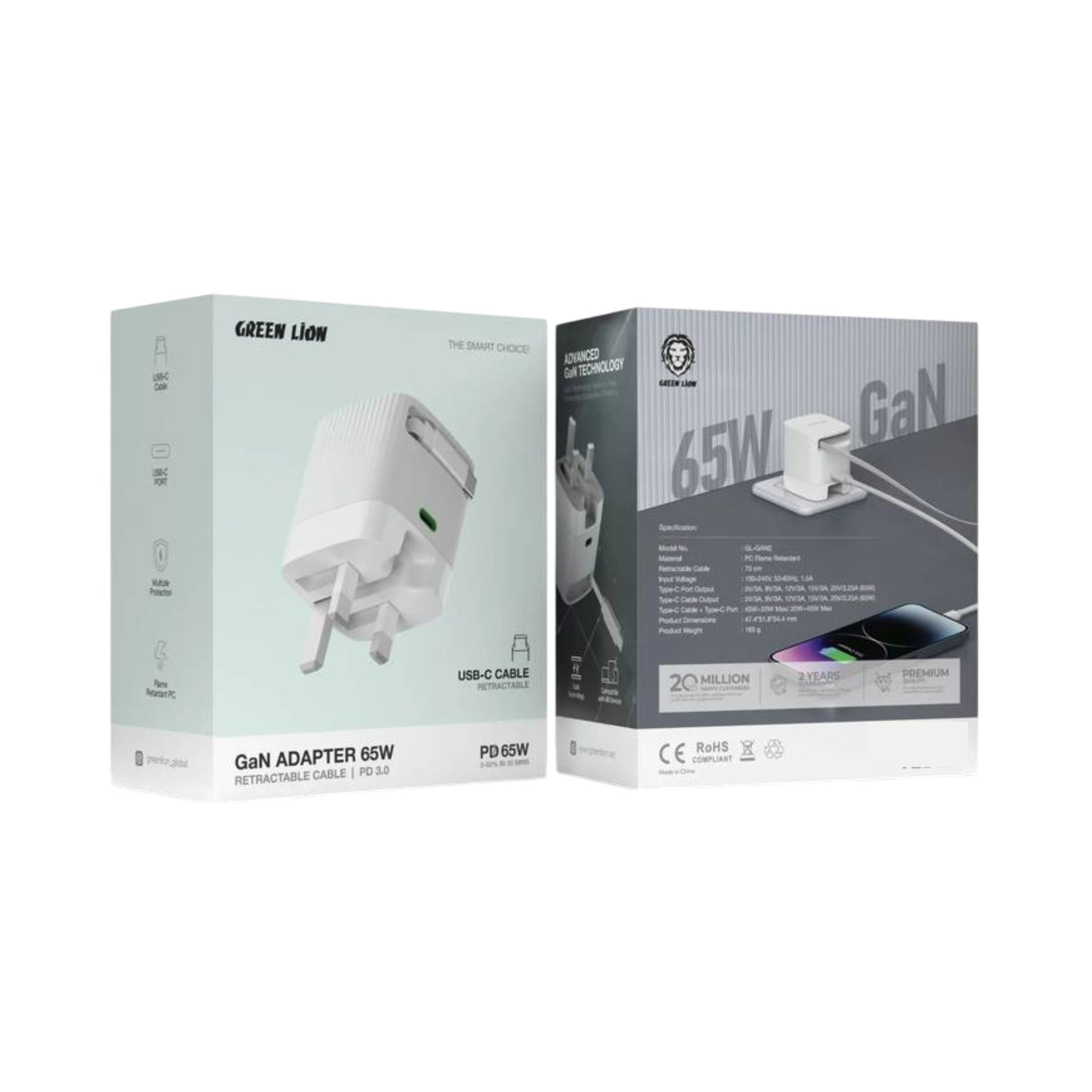 Green Lion Gan Adapter 65W Retractable Cable PD 3.0, 70 cm Retractable Cable, Multiple Protection-White