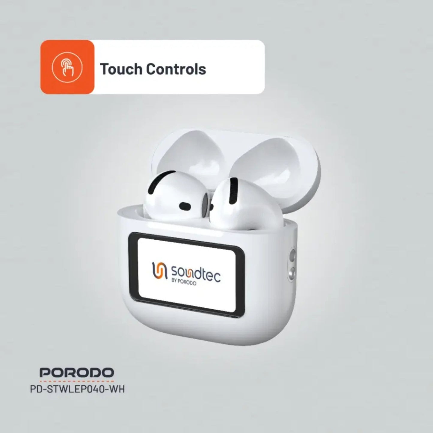 Porodo Soundtec Glimpse ANC Earbuds with Touch Display & Touch Control, 4 Hours of Play Time, Personalized App Control, High-Fidelity Audio, 300mAh Battery Capacity, 10m Transmission Range - White