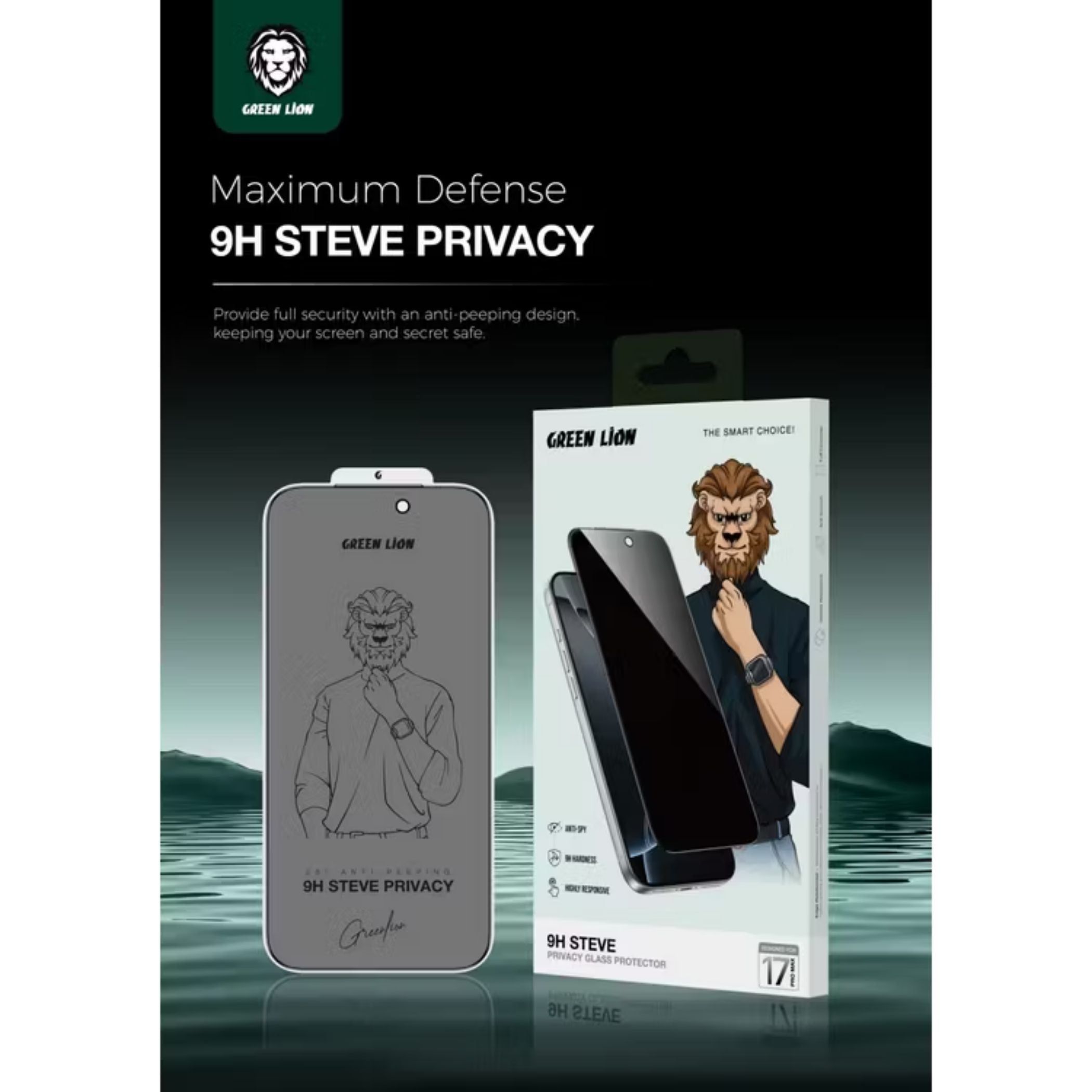 Green Lion 9H Steve Privacy Screen Protector for iPhone 17 Pro Max, Anti-Peeping Glass, 9H Item Hardness, Crystal Clear, Highly Responsive, Privacy Protection, Anti-Fingerprint, Anti-Scratch, Oleophobic Coating, Ultra-Thin - Black