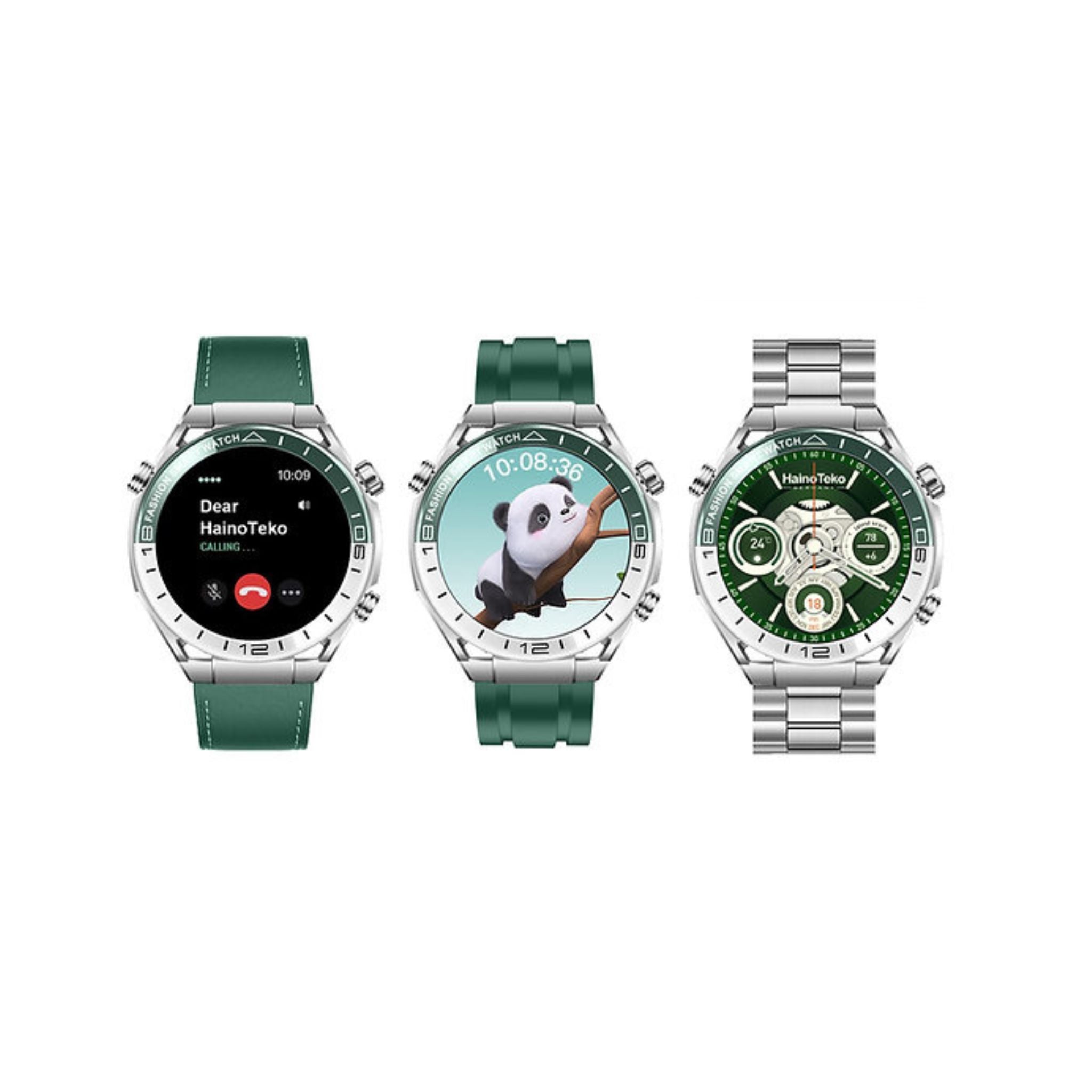 Haino Teko Germany RW67 Watch Ultimate – HD IPS AMOLED Display, Bluetooth Calling, 3-Strap Set (1 Stainless Steel + 2 Silicone) – Green