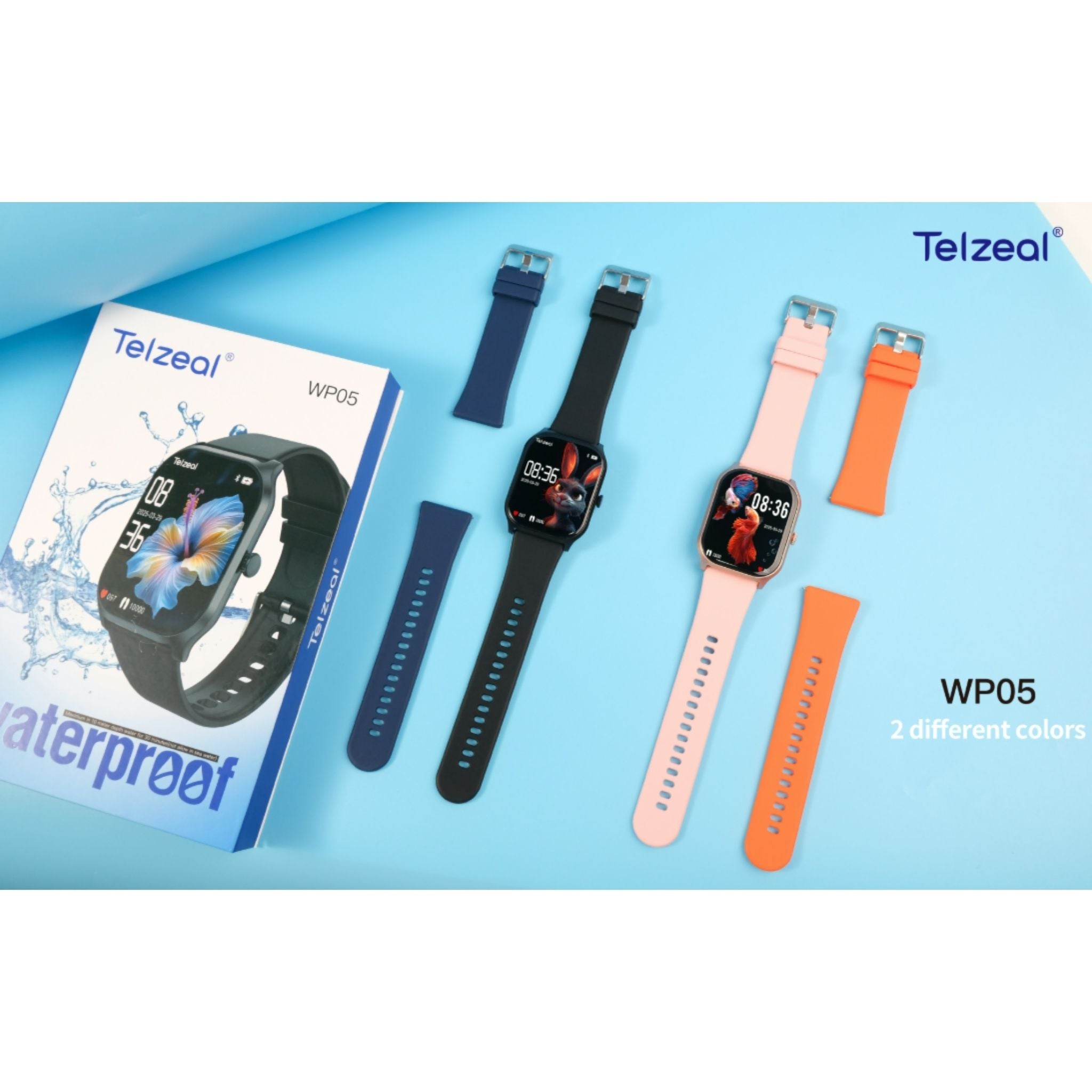 Telzeal WP05 Waterproof Smartwatch with Full-Touch Display, Dual Strap Set (2 Pairs), Stylish & Durable Design – Black