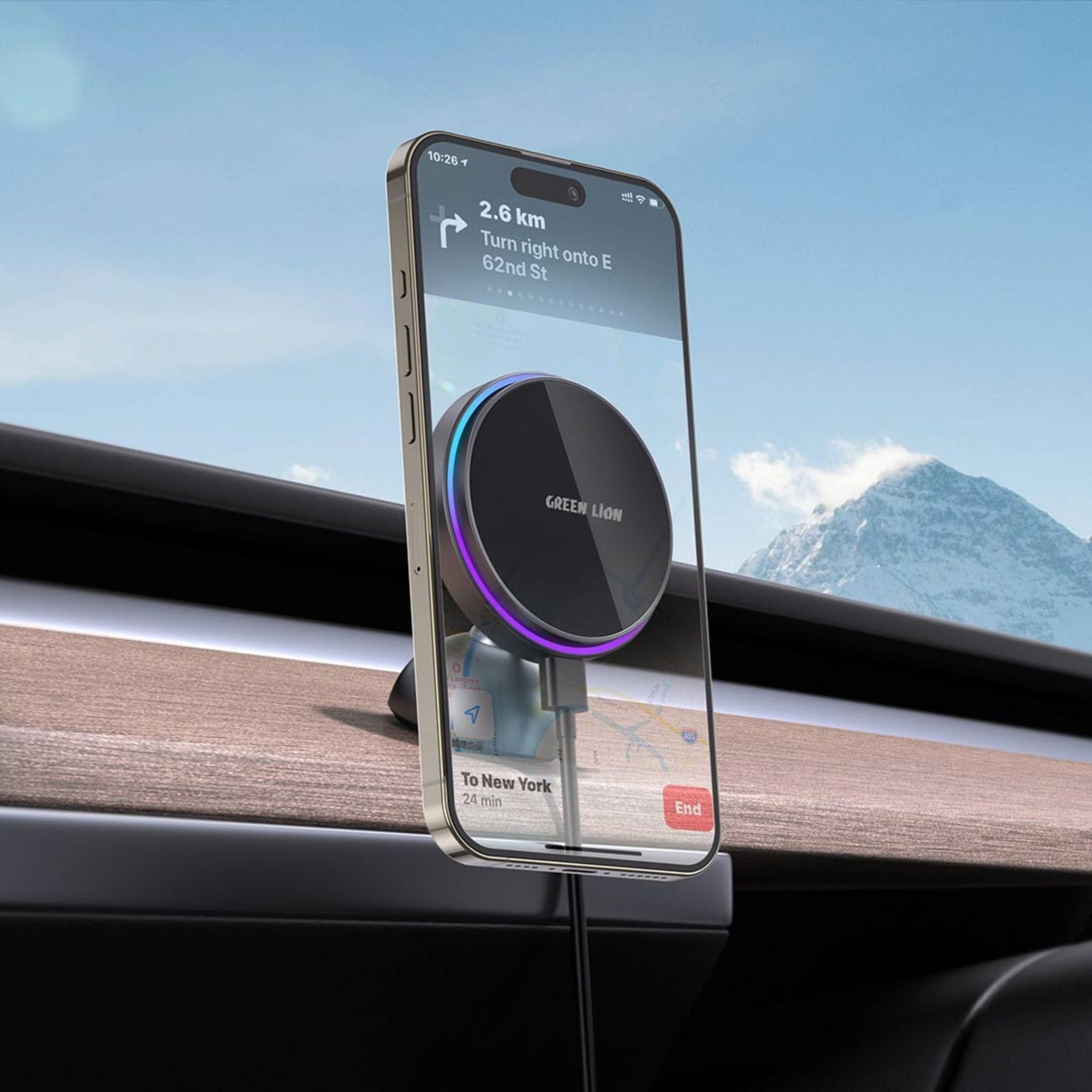 Green Lion MagPrime Car Charger Holder Secure & Stable, Flexible Design, RGB Colo, Compatible with MagSafe, 17 strong magnets, Easy To Use, Input 5V/2A 9V/2A 12V/2A, Output 15W, 7.5W, 5W-Black