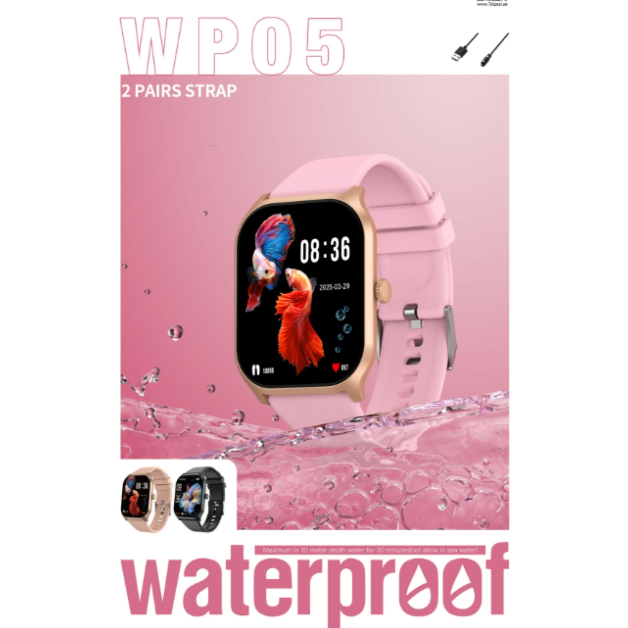 Telzeal WP05 Waterproof Smartwatch with Full-Touch Display, Dual Strap Set (2 Pairs), Stylish & Durable Design – Gold