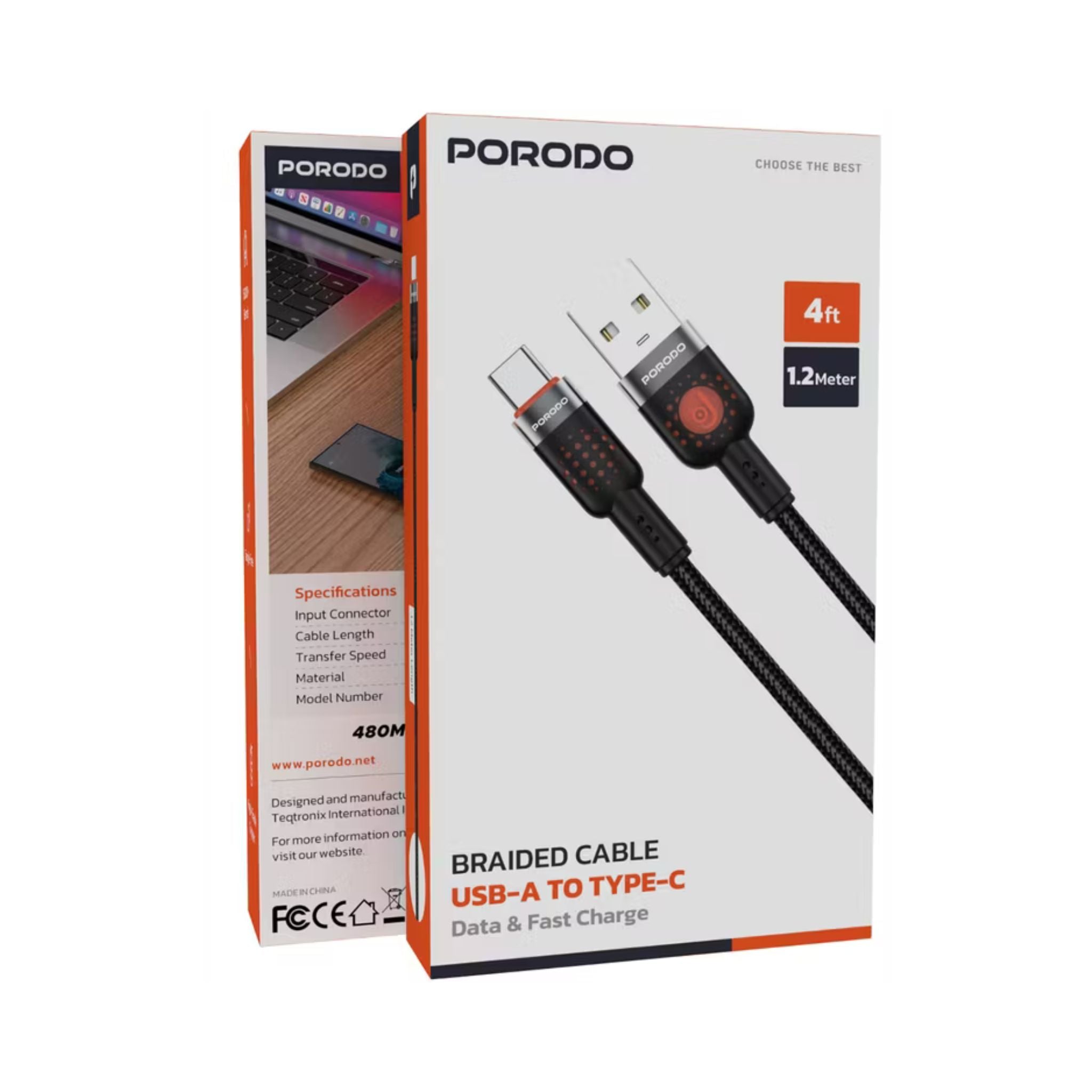 Porodo Braided USB-A to Type-C Cable with 480Mbps Transfer Speed, 1.2m Cable Length, More than 15,000 Bends Lifespan, Tangle-Free Design - Black