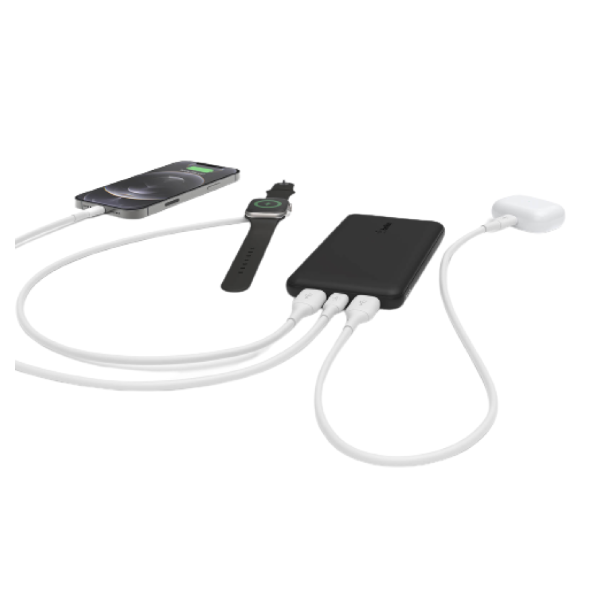 Black multi-device charging station with cables connected to phone, watch, and other devices on a white background