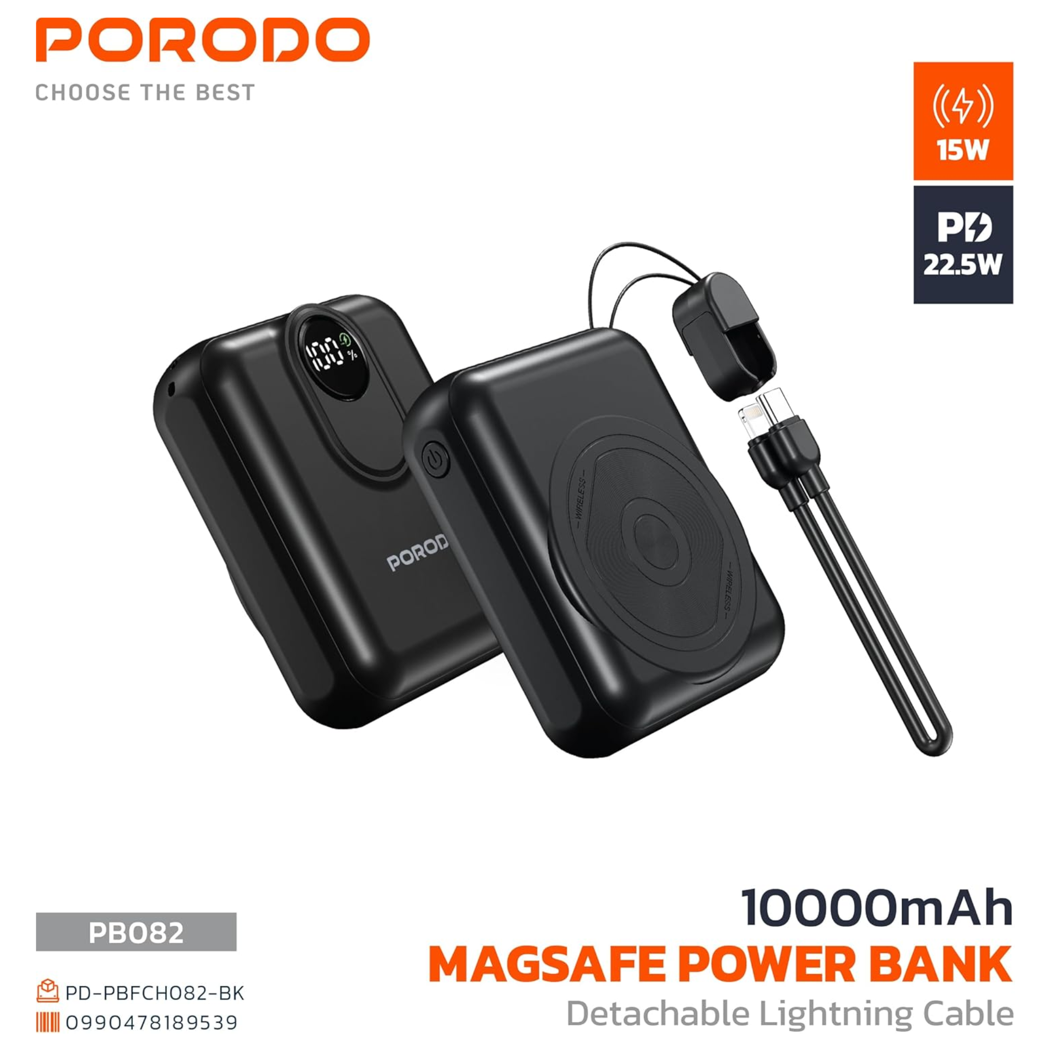 Porodo 10000mAh Compatible with MagSafe Power Bank, 15W Wireless Charging, PD 22.5W, Detachable USB-C/Lightning Head Cable, Digital Info Indicator, Compact Powerbank - Black