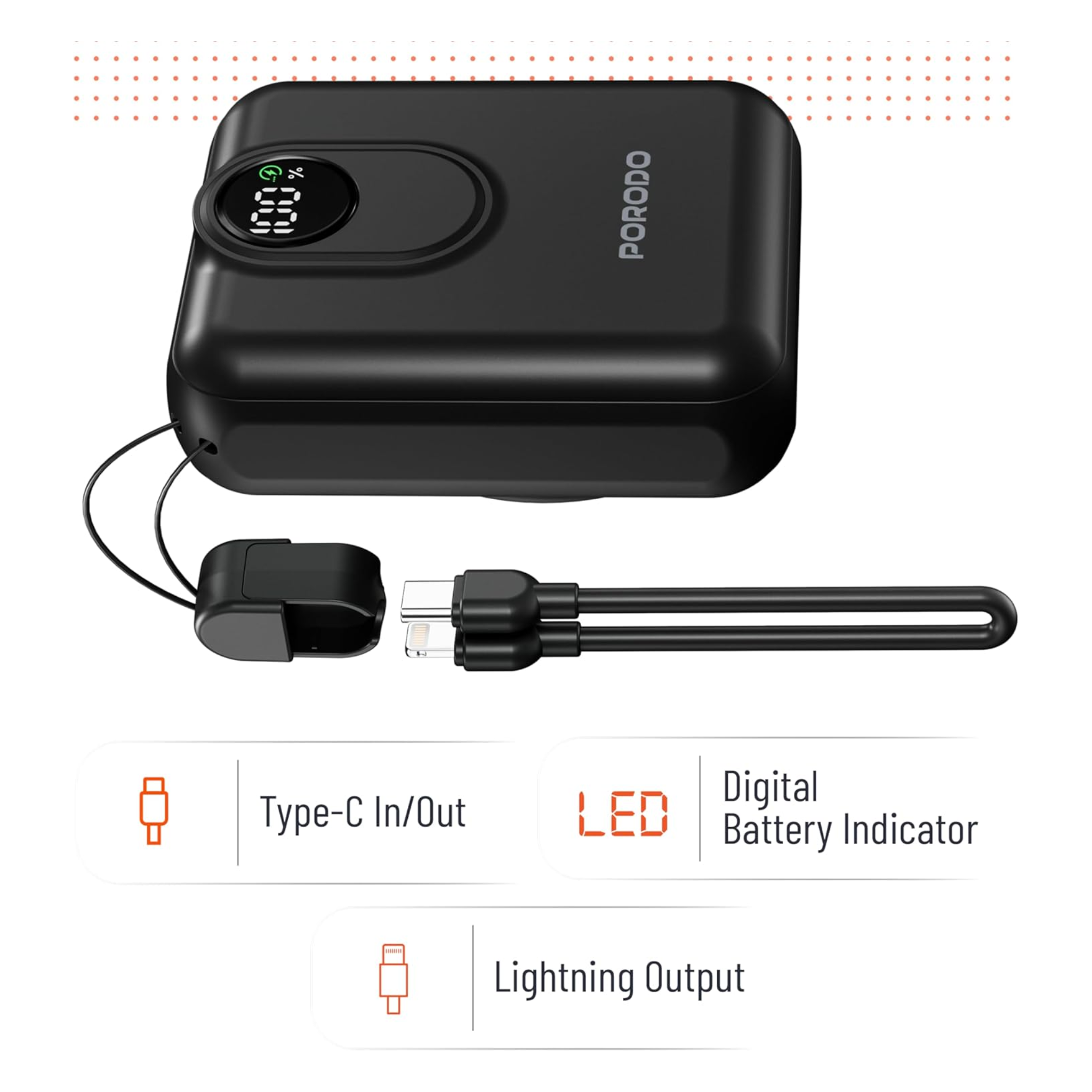 Porodo 10000mAh Compatible with MagSafe Power Bank, 15W Wireless Charging, PD 22.5W, Detachable USB-C/Lightning Head Cable, Digital Info Indicator, Compact Powerbank - Black