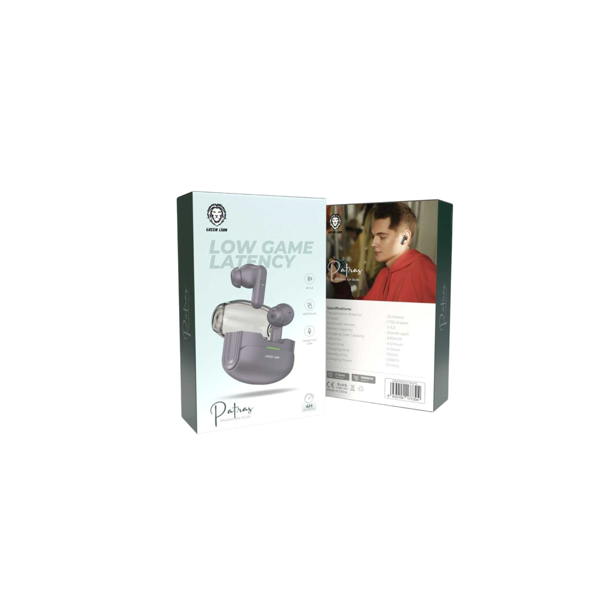 Green Lion Patras Wireless Earbuds, Hands-Free Calls, Multifunction Touch, 4.5 Hours Talk Time, 4 Hours Play Time, 83 Days Standby Time, Bluetooth Version 5.3 - Purple