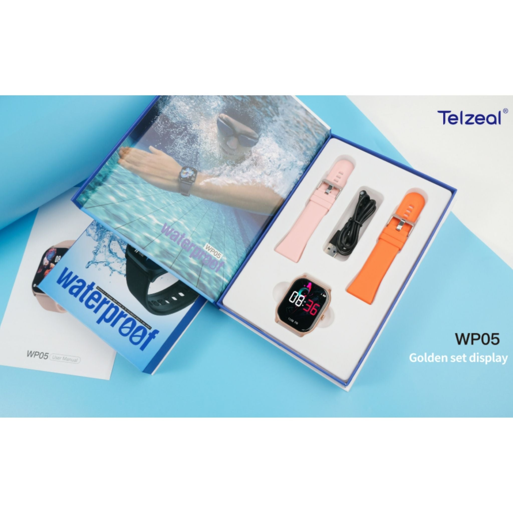 Telzeal WP05 Waterproof Smartwatch with Full-Touch Display, Dual Strap Set (2 Pairs), Stylish & Durable Design – Gold