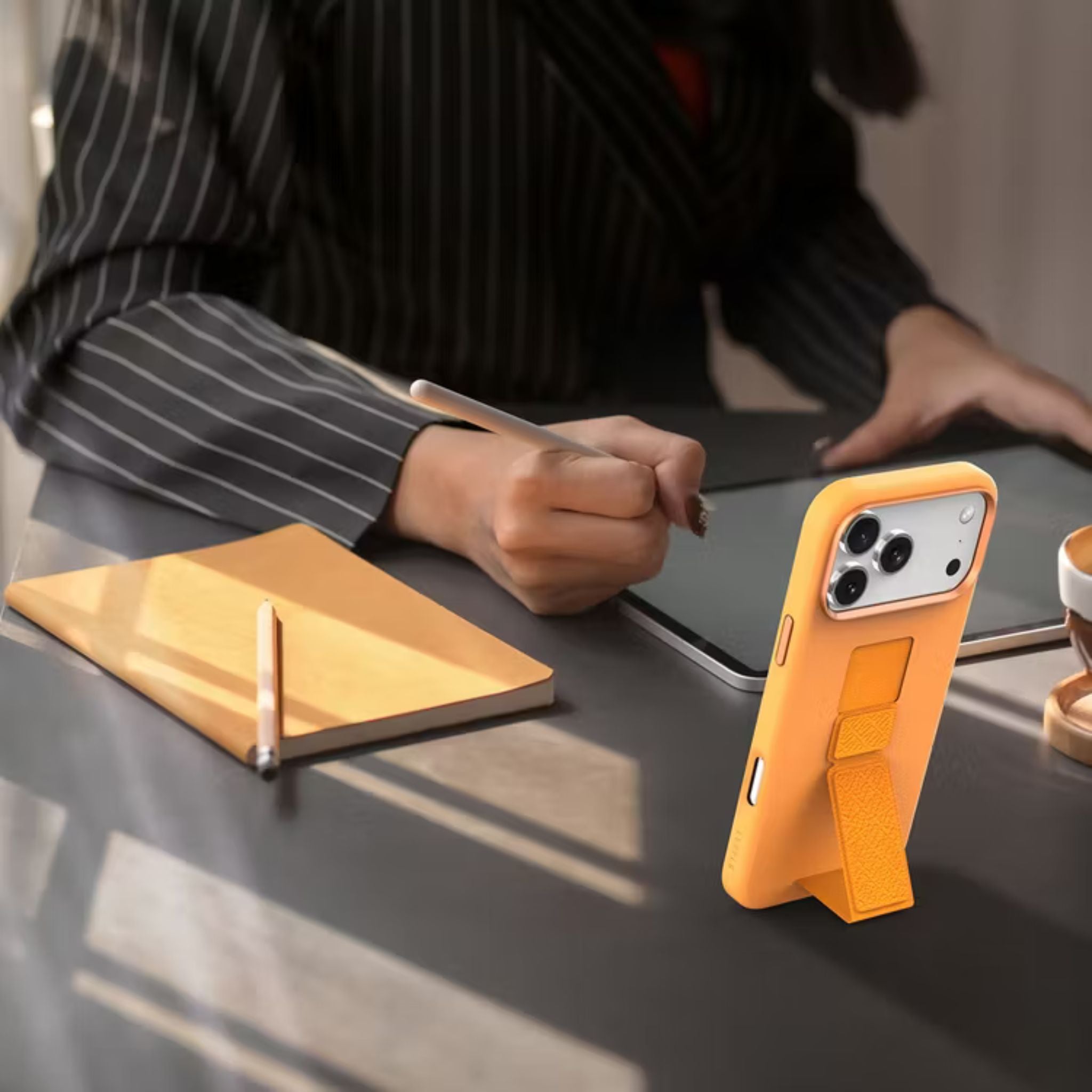 Levelo Morphix Silicone GripStand Case for iPhone 17 Pro Max, Hands-Free Viewing, True Microfiber Interior Lining, Horizontal & Vertical Stand, Shock-Resistant Bumper, Raised Bezels for Camera & Screen, Slim Fit Design - Orange