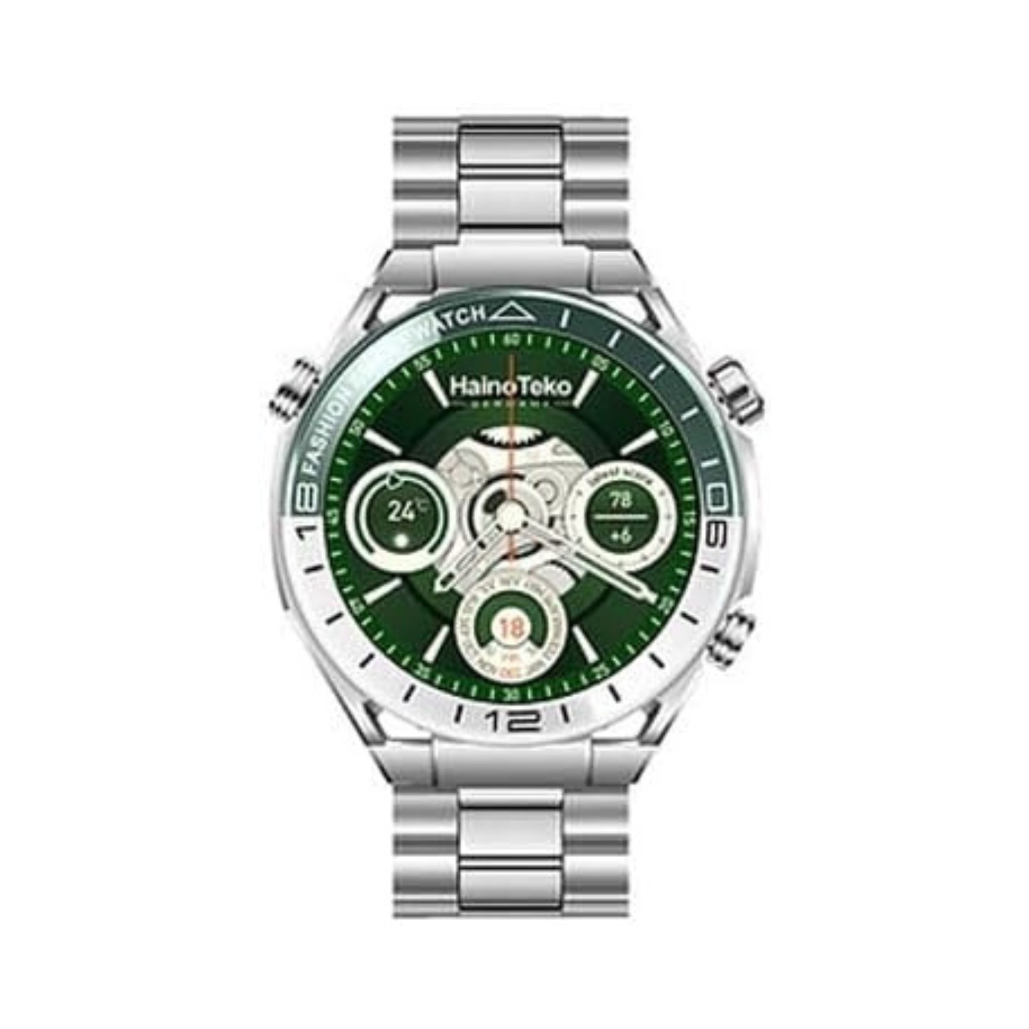 Haino Teko Germany RW67 Watch Ultimate – HD IPS AMOLED Display, Bluetooth Calling, 3-Strap Set (1 Stainless Steel + 2 Silicone) – Green