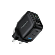 Porodo Nexora 65W 3-Port Wall Charger with LCD Display / GaN Technology / Laptop Charger / PD 65W,QC 30W - Black