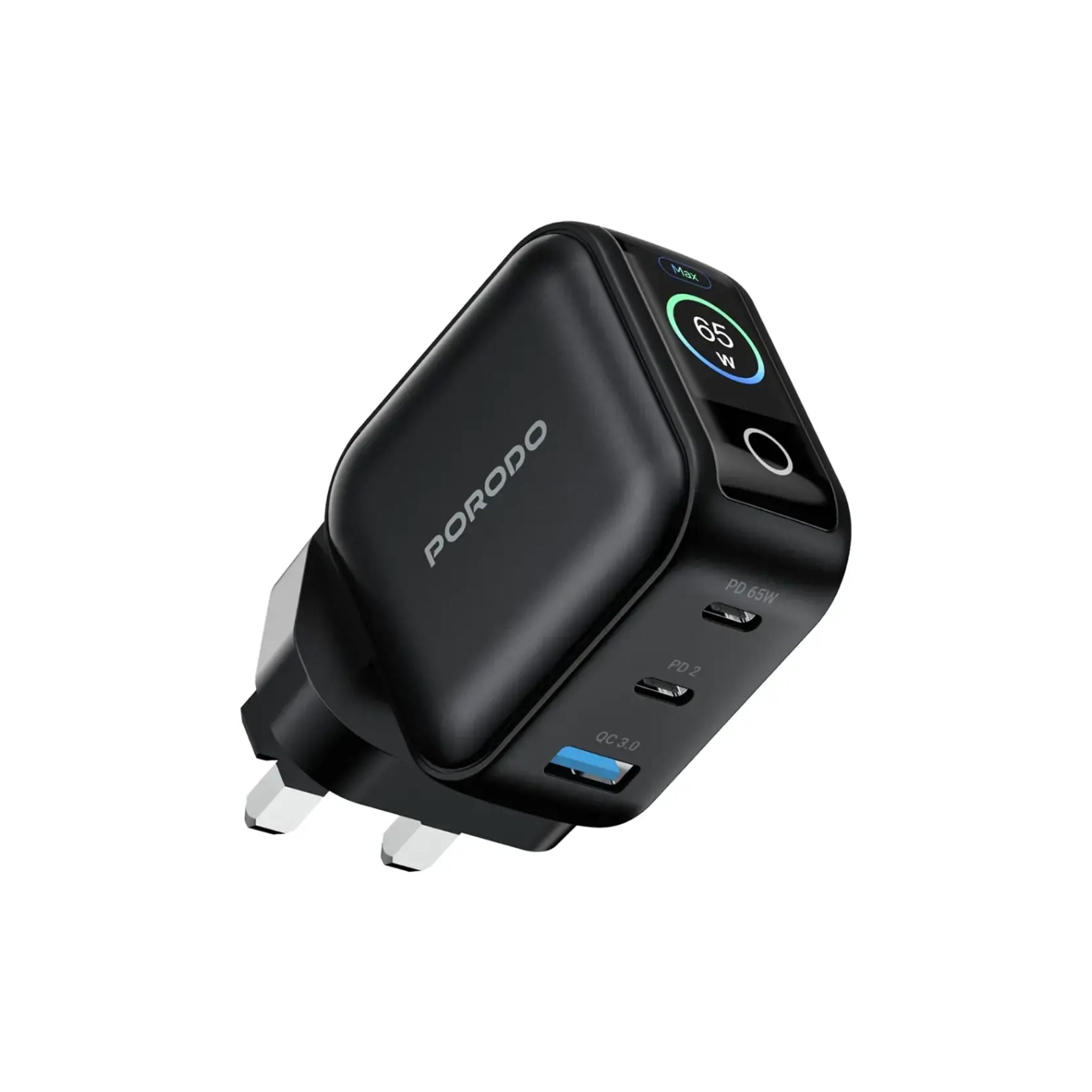 Porodo Nexora 65W 3-Port Wall Charger with LCD Display / GaN Technology / Laptop Charger / PD 65W,QC 30W - Black