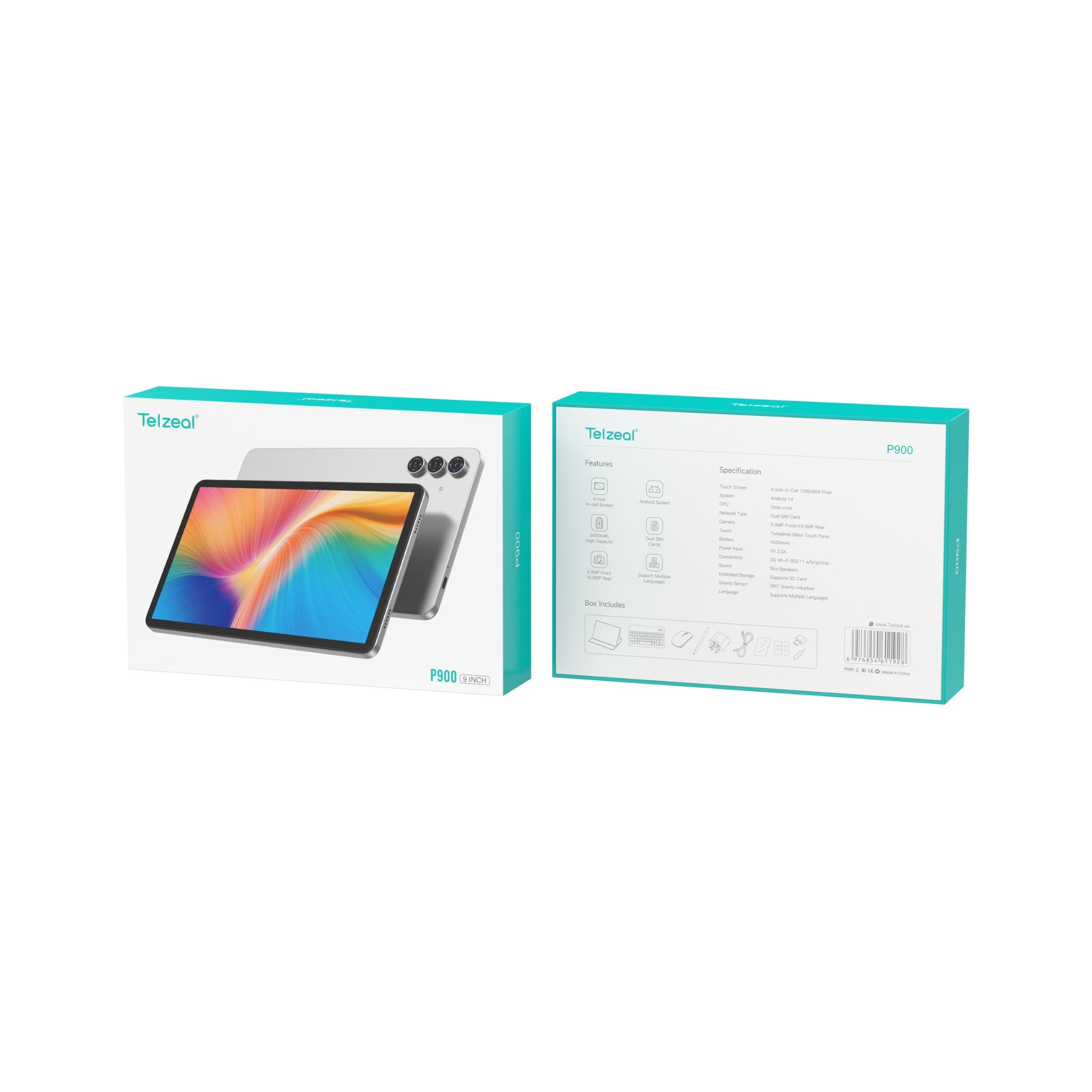 Teclast tablet packaging with front and back views on a white background