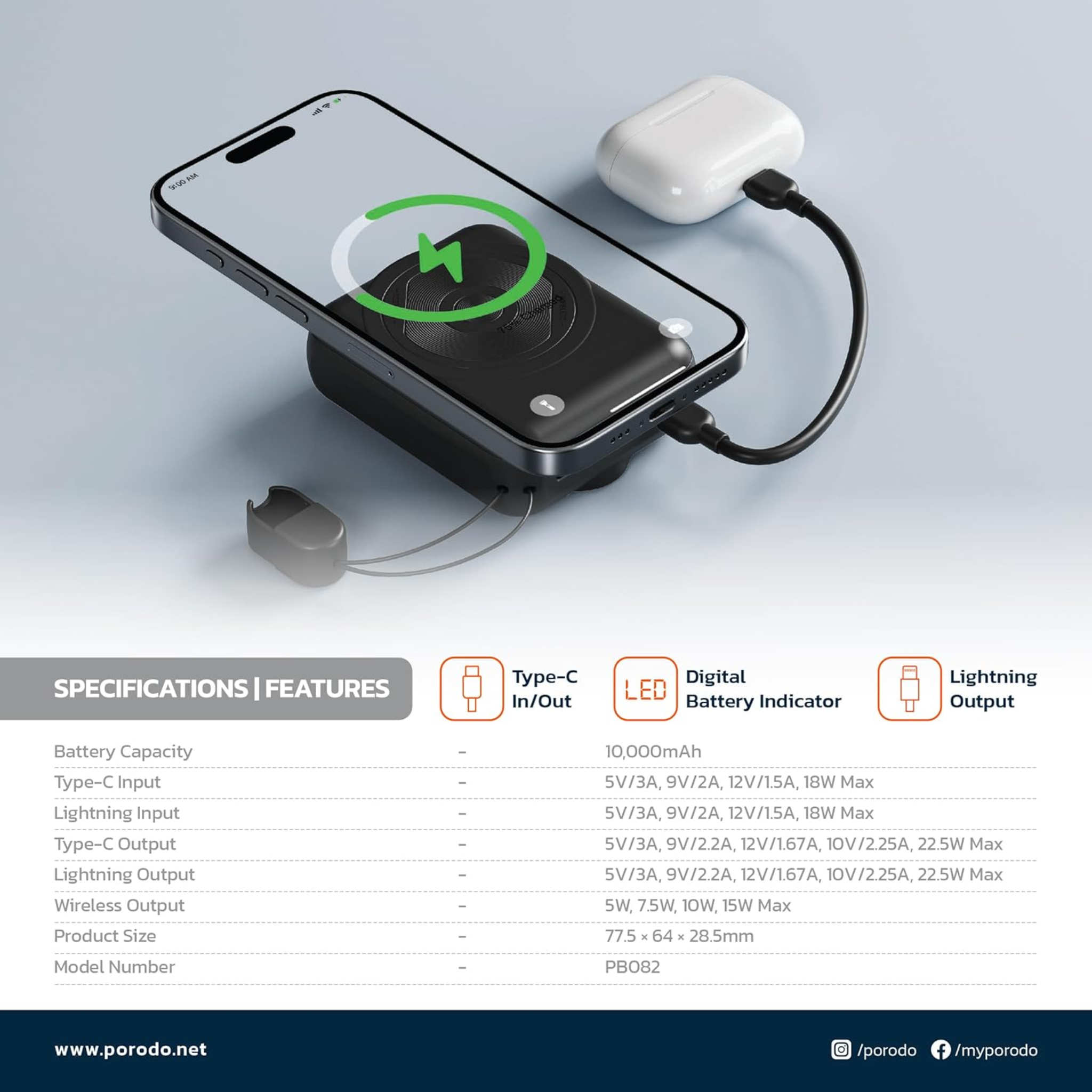 Porodo 10000mAh Compatible with MagSafe Power Bank, 15W Wireless Charging, PD 22.5W, Detachable USB-C/Lightning Head Cable, Digital Info Indicator, Compact Powerbank - Black