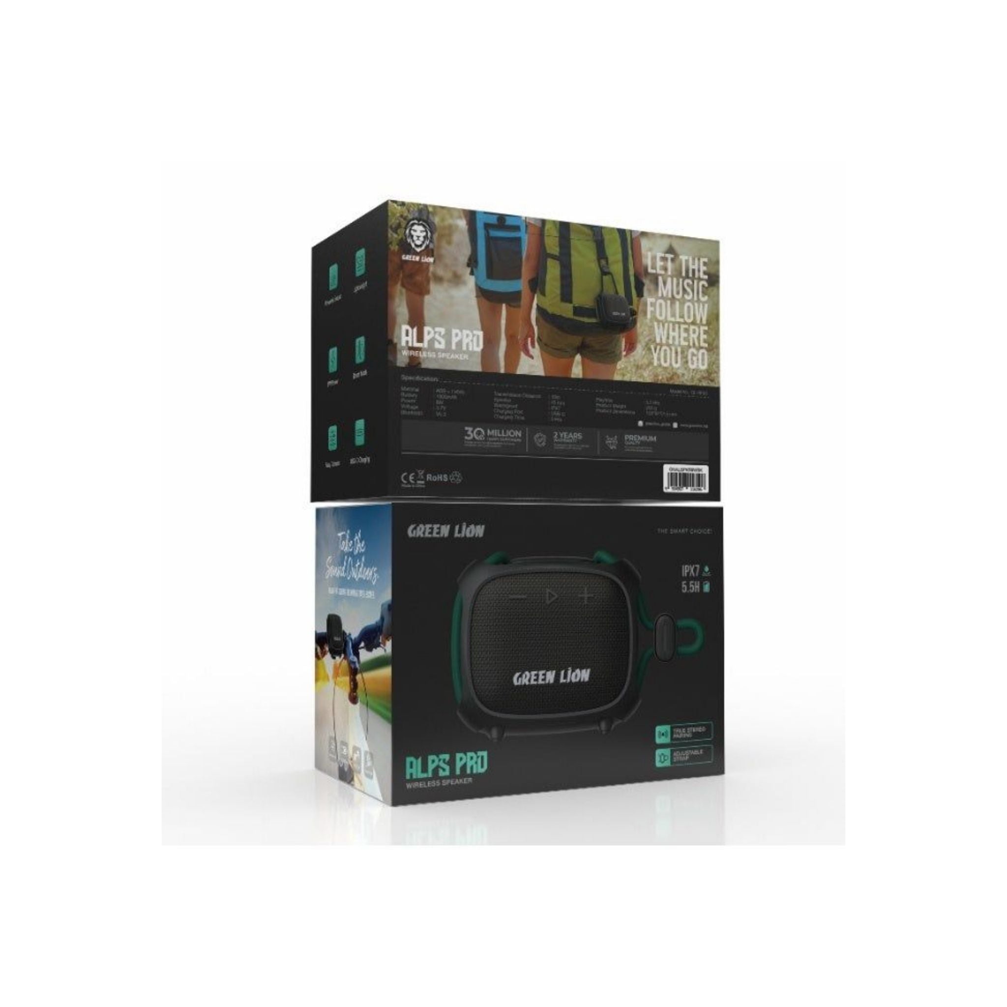 Green Lion Alps Pro Wireless Speaker with 5.5H Playtime, True Stereo Pairing, 1800mAh Rechargeable Battery, Powerful Sound, Lightweight Design, Boost Mode, IPX7 Waterproof