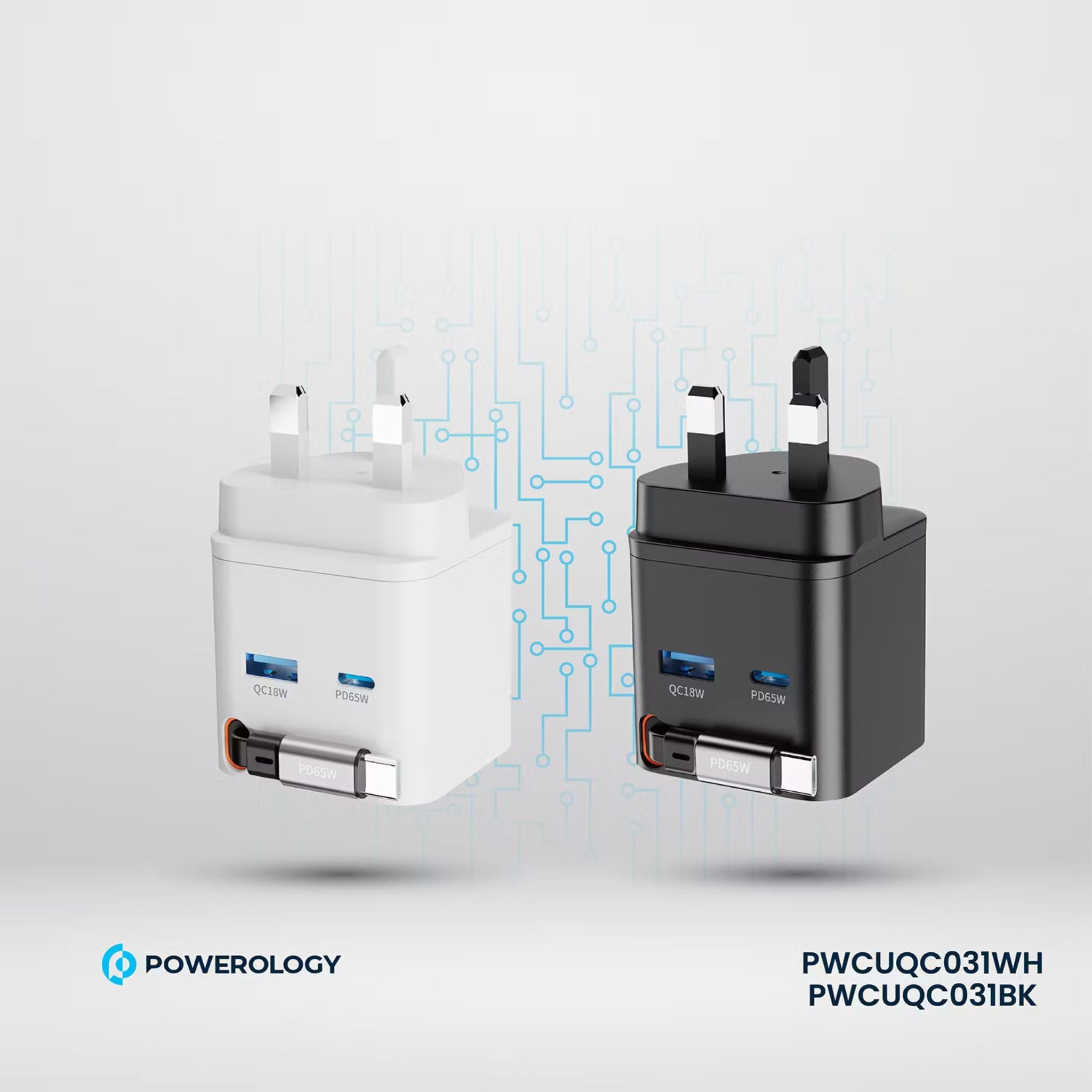 Powerology Dual Port Retractable GaN Charger, Built-in Safeguards, 3-Device Charging, 65W Power Delivery, Fire Proof Material, Patented Design, 75cm Retractable Type-C Cable - White