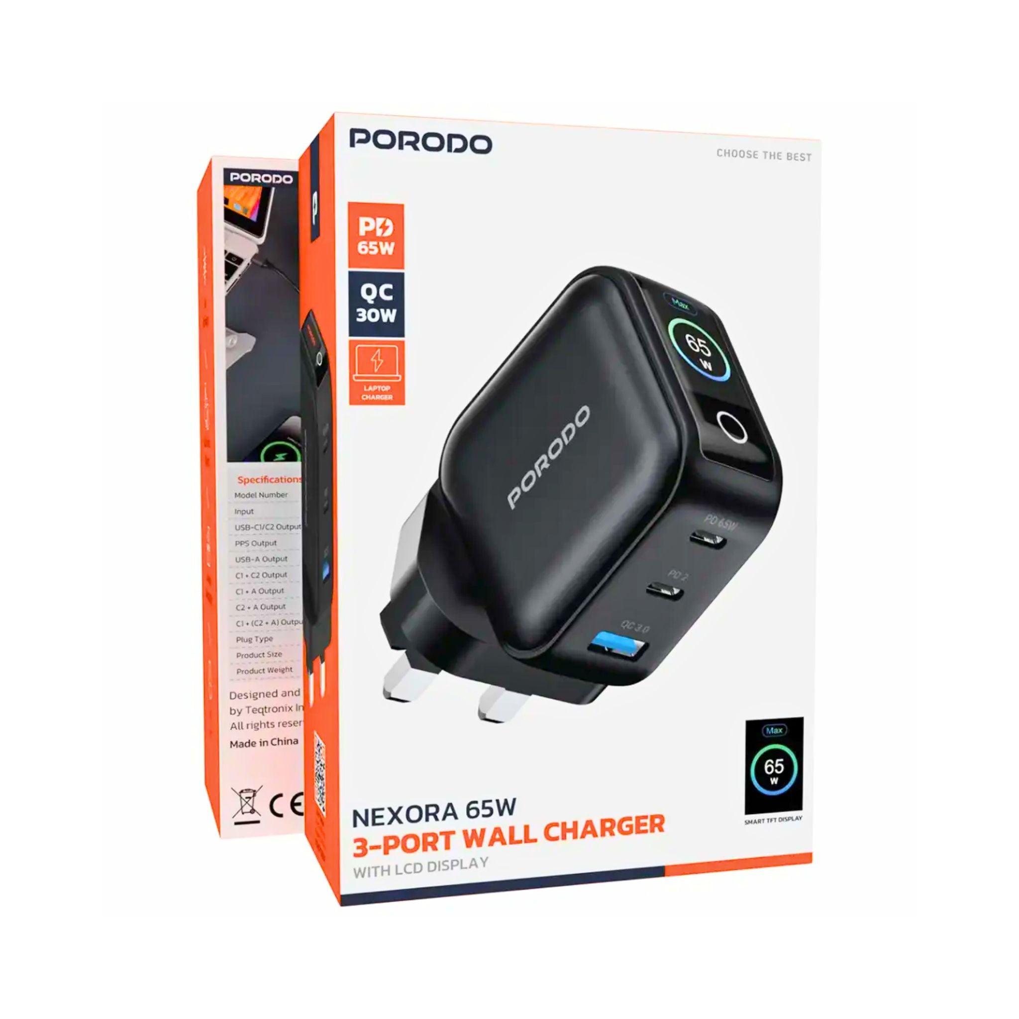 Porodo Nexora 65W 3-Port Wall Charger with LCD Display / GaN Technology / Laptop Charger / PD 65W,QC 30W - Black