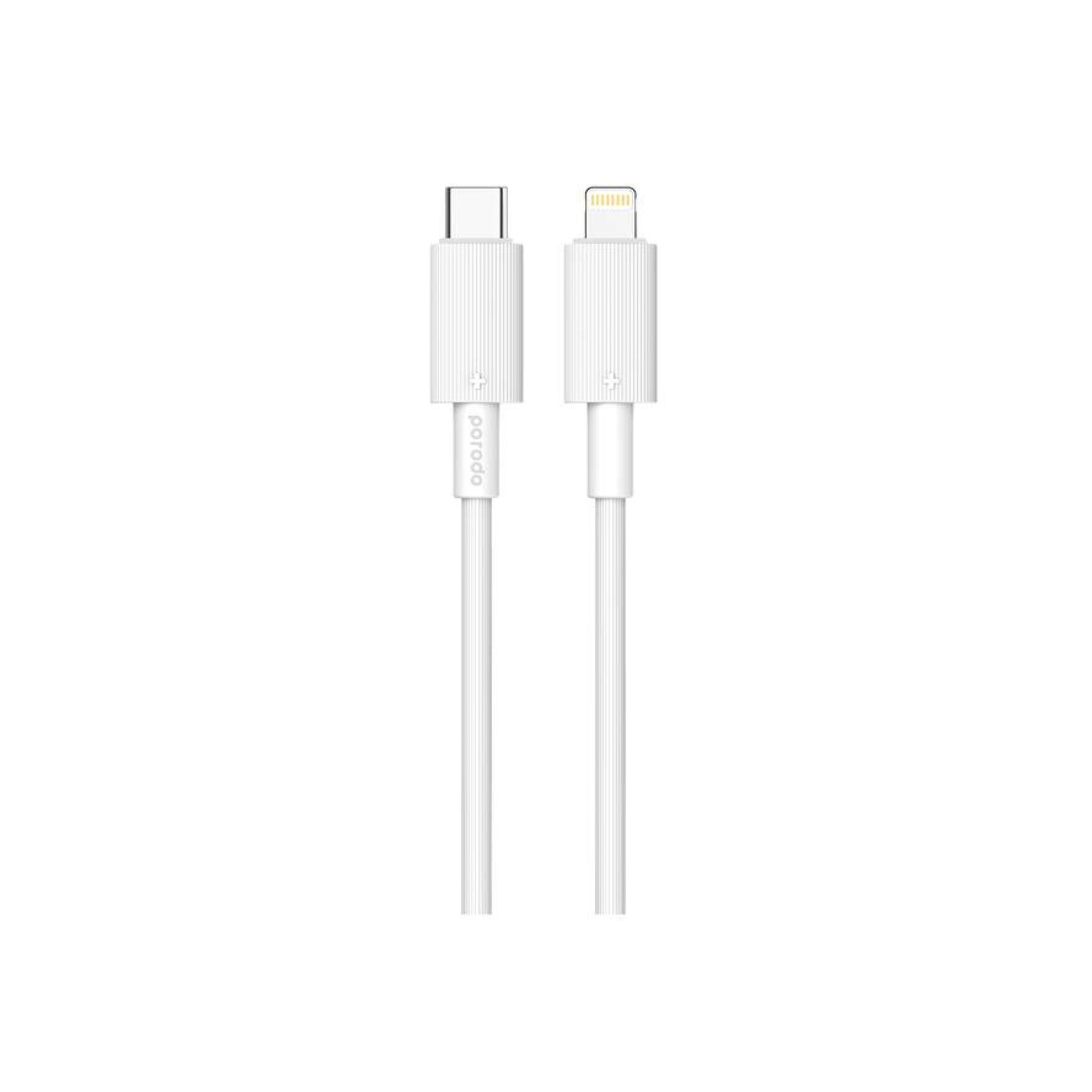 Porodo USB-C to Lightning PVC Cable, 480Mbps Transfer Speed, PD 27W, More than 15000 Bends Life Span, 1.2m Cable Length, Tangle Free - White