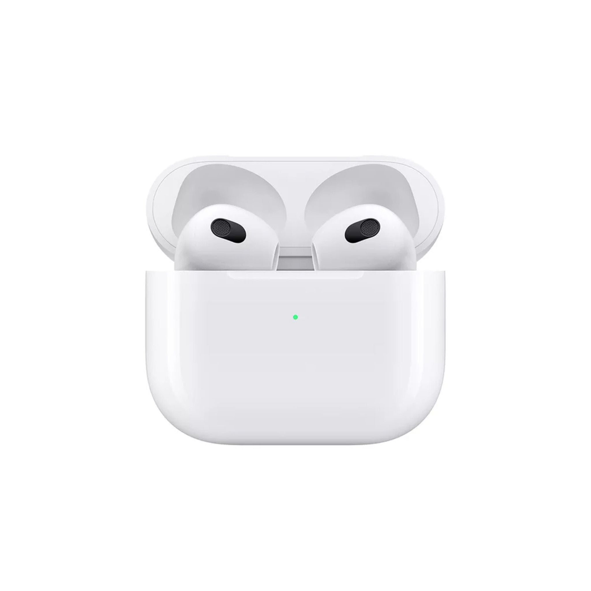 A single white wireless earbud with a charging case, featuring a sleek design with a visible LED indicator.