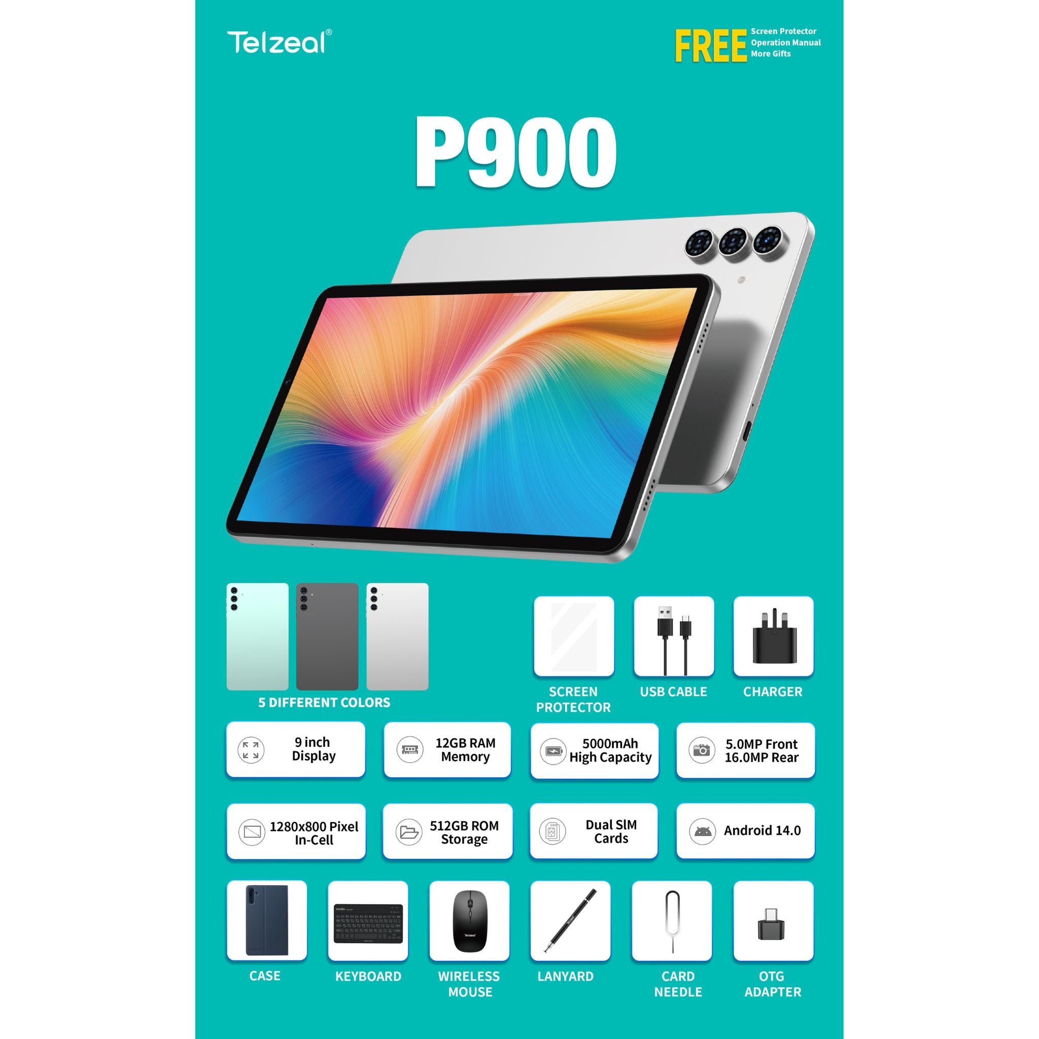 Telzeal P900 12+512GB 5G (1280*800) WiFi Tablet, Android 14, 9-Inch Display, 5000mAh Battery – Green