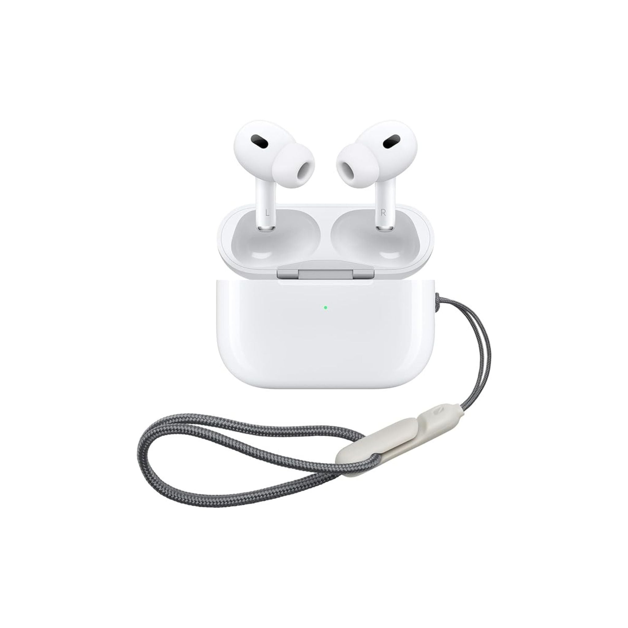 A pair of white Modio K5 true wireless earphones with a charging case.