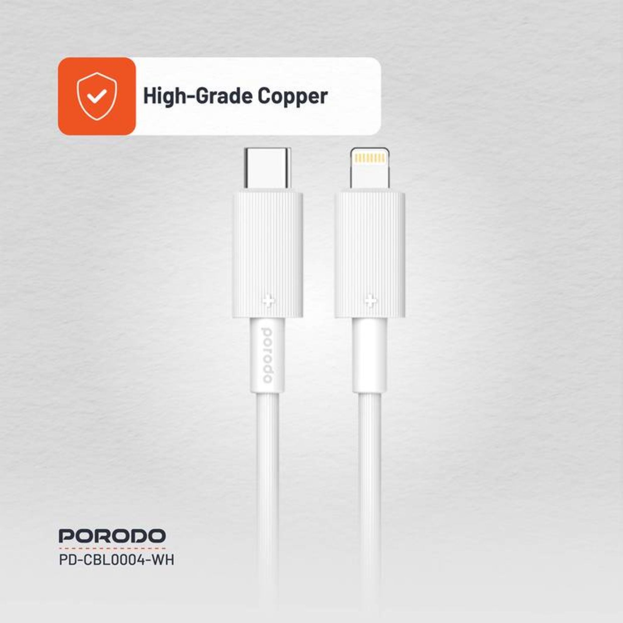 Porodo USB-C to Lightning PVC Cable, 480Mbps Transfer Speed, PD 27W, More than 15000 Bends Life Span, 1.2m Cable Length, Tangle Free - White