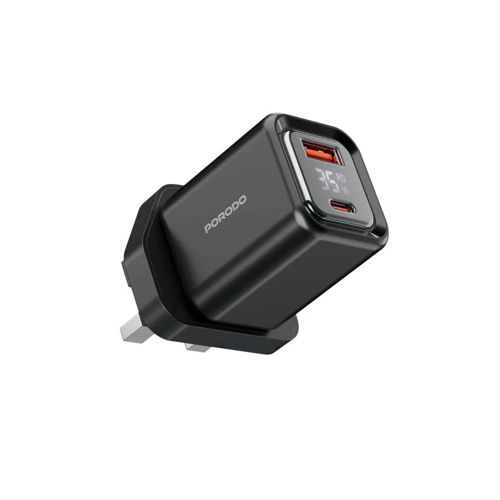 Porodo PD35W GaN Fast Charger with LCD Display, USB-C PD 35W Output, UK Plug, Includes Lightning Transparent Cable for iPhone & iPad, High-Speed Power Adapter – Black