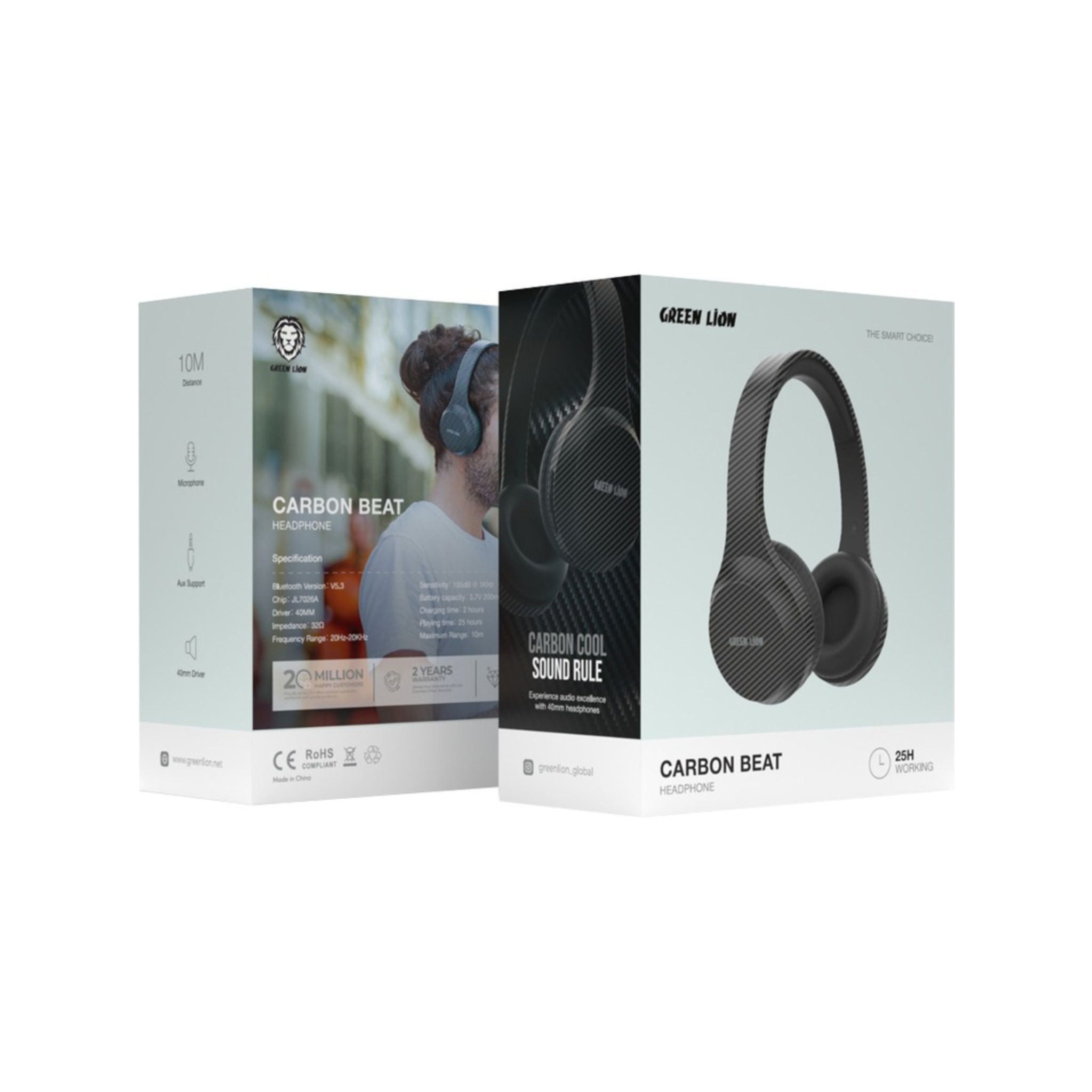 Green Lion Carbon Beat Headphones, 5.3 Bluetooth Version , 25 Hours of Playing time, 10 m Maximum Range, Input Microphone, AUX Support - Black
